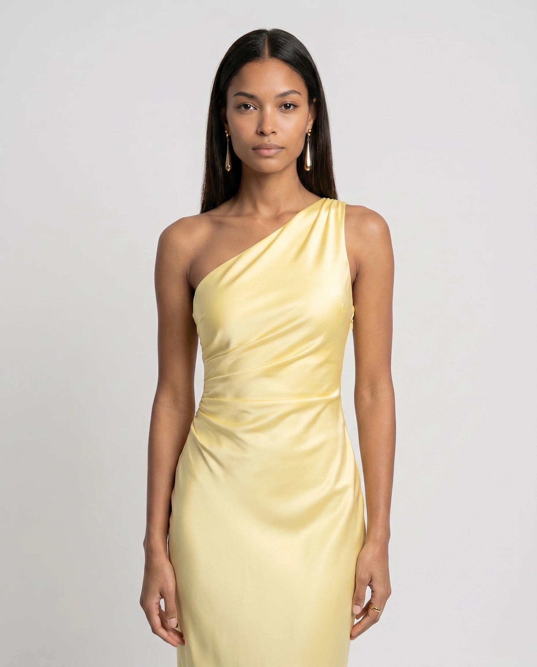 Robe longue en satin une epaule - Jaune Citron - Ines