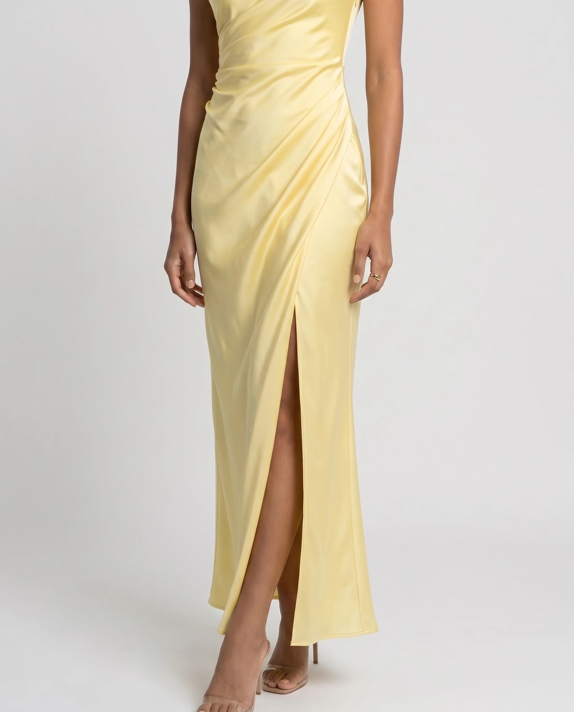 Robe longue en satin une epaule - Jaune Citron - Ines