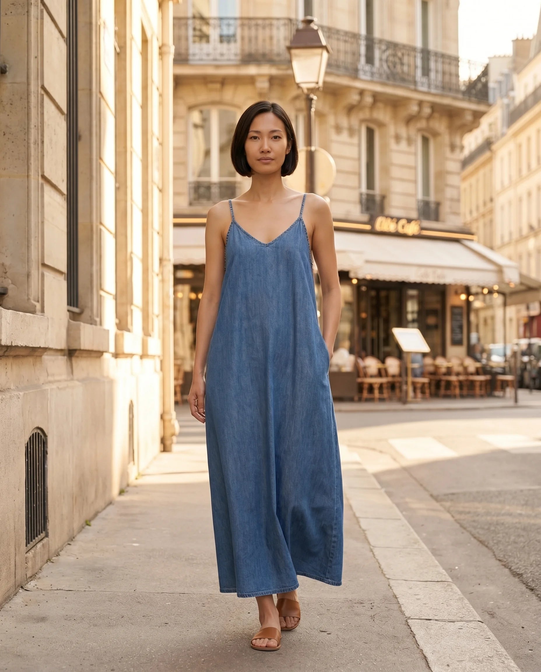 Robe longue en jean bleu denim — Margot, lifestyle rue parisienne