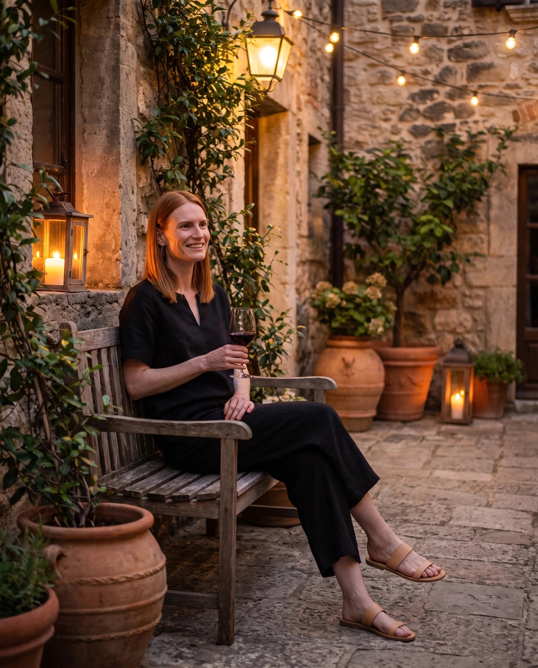 Ensemble tunique col V et pantalon 7/8 en coton-lin Ismérie — Noir — portée, lifestyle