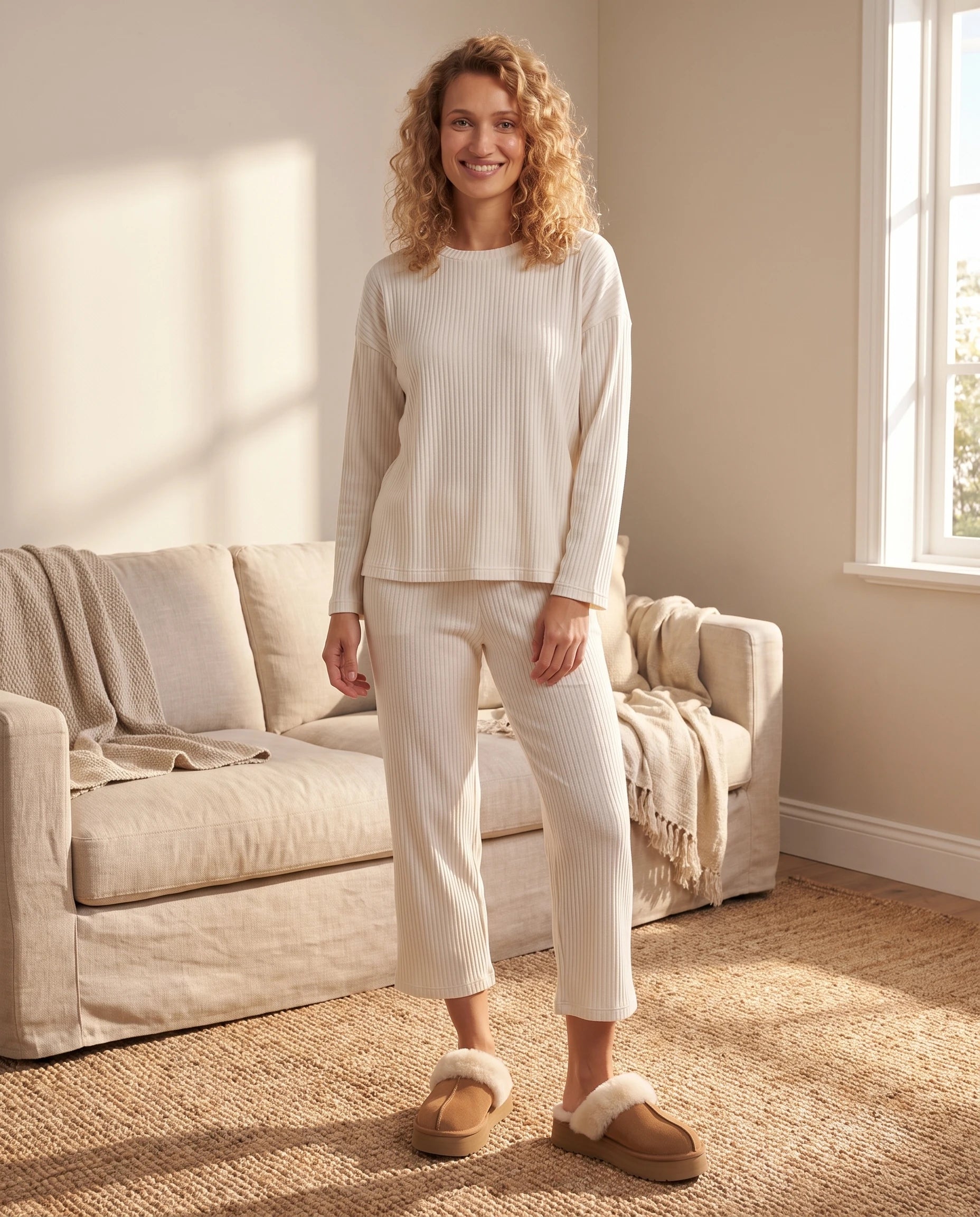 Mules cocooning à plateforme et col fourrure Zita — Camel, portées à la maison