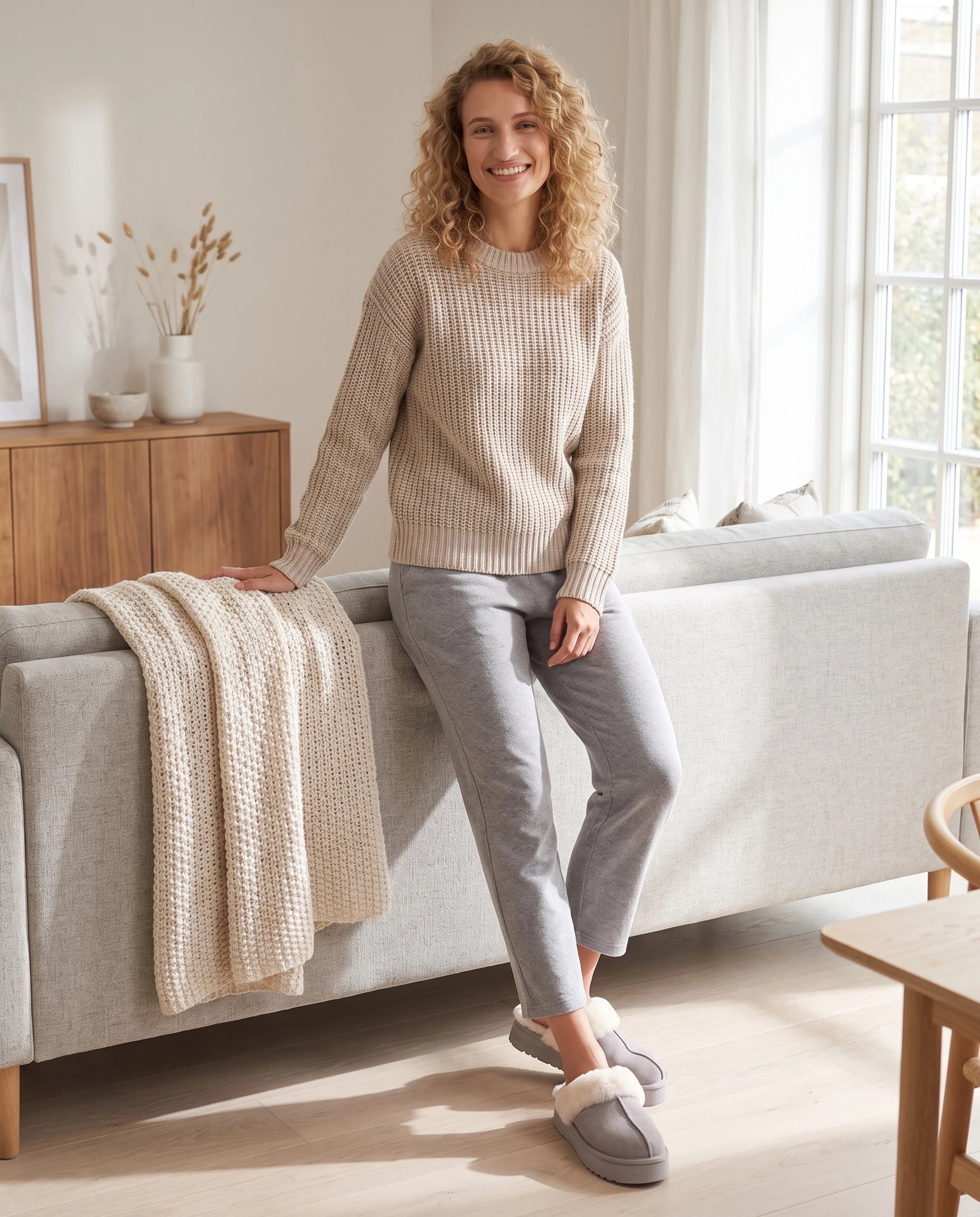 Mules cocooning à plateforme et col fourrure Zita — Gris, portées à la maison