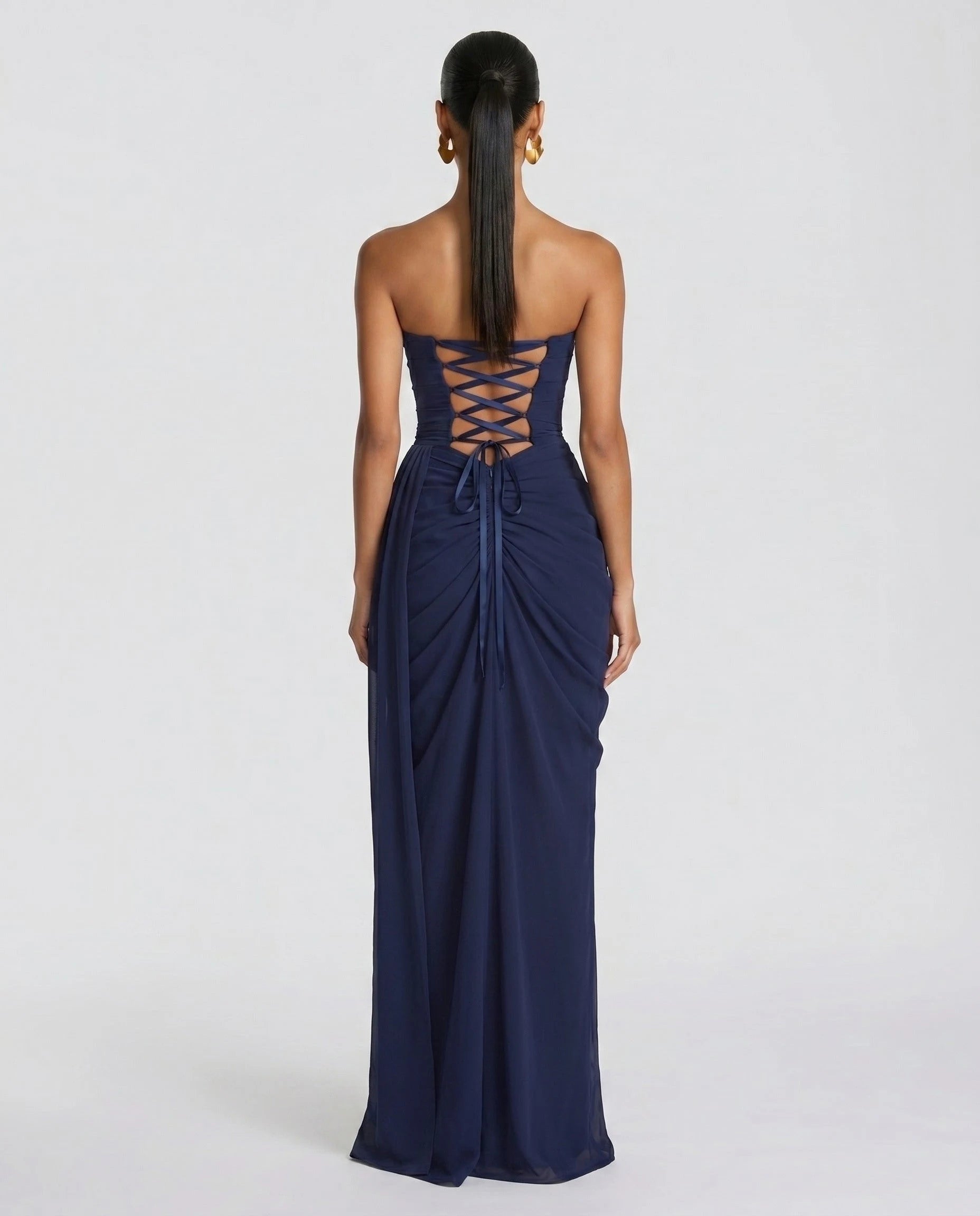 Robe longue bustier bleu marine, vue dos corset lace