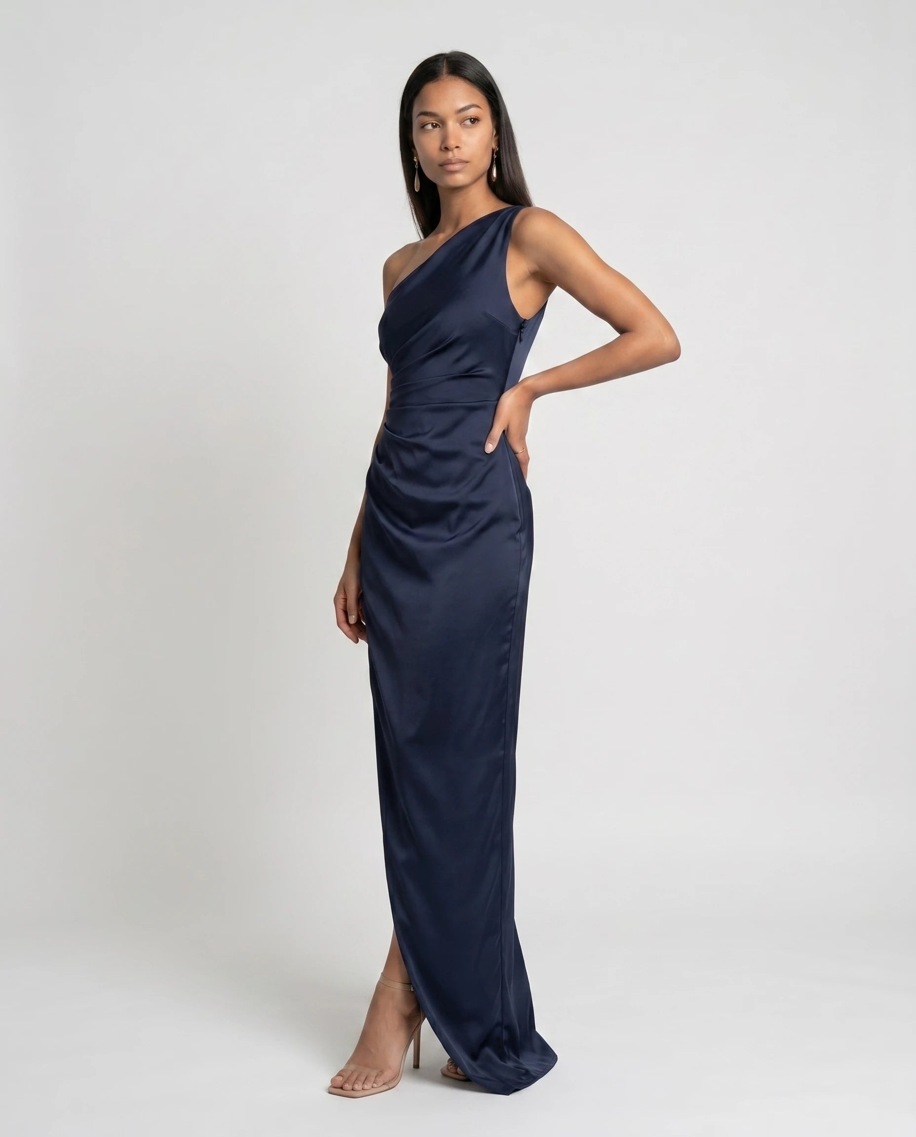 Robe longue en satin une epaule - Bleu Marine - Ines