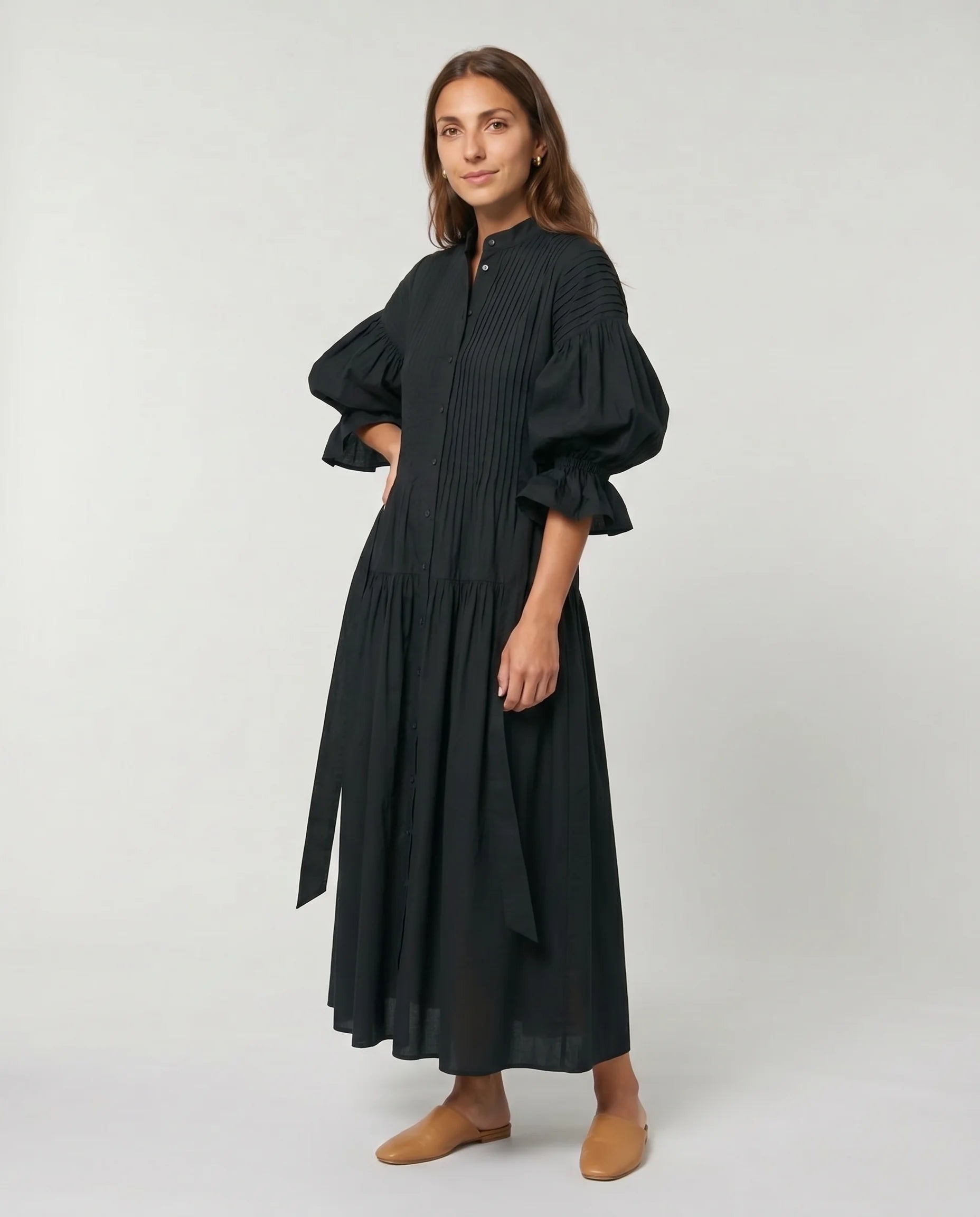 Robe longue chemise noire - studio trois-quart