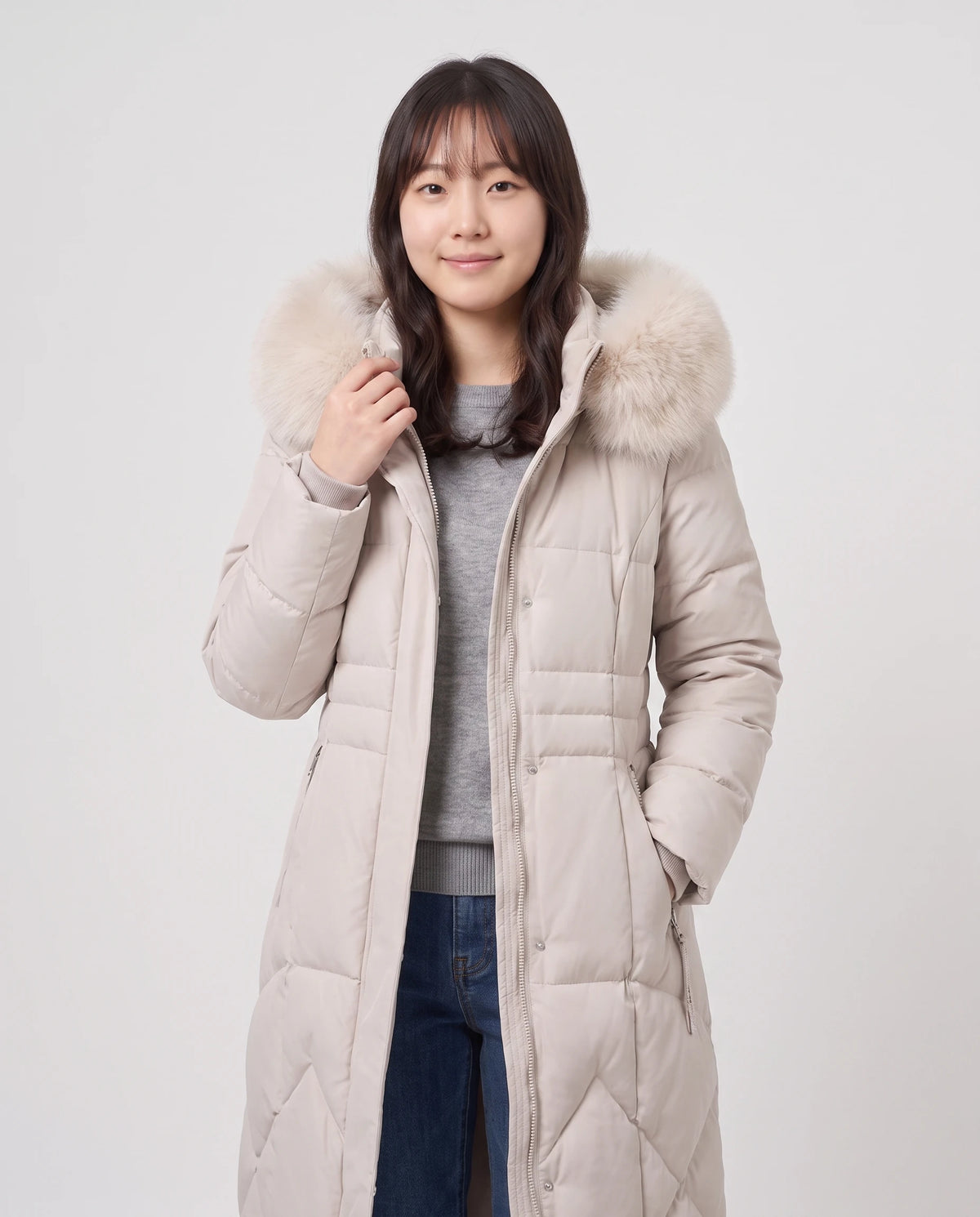 Lange taillierte Parka mit Kunstfellkapuze Noa in Beige, Nahaufnahme von vorn, geschlossen, Kapuze unten