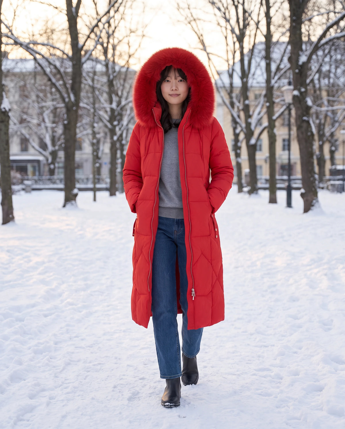 Lange taillierte Parka mit Kunstfellkapuze Noa in Rot, getragen auf einem verschneiten Platz am frühen Morgen, Kapuze aufgesetzt