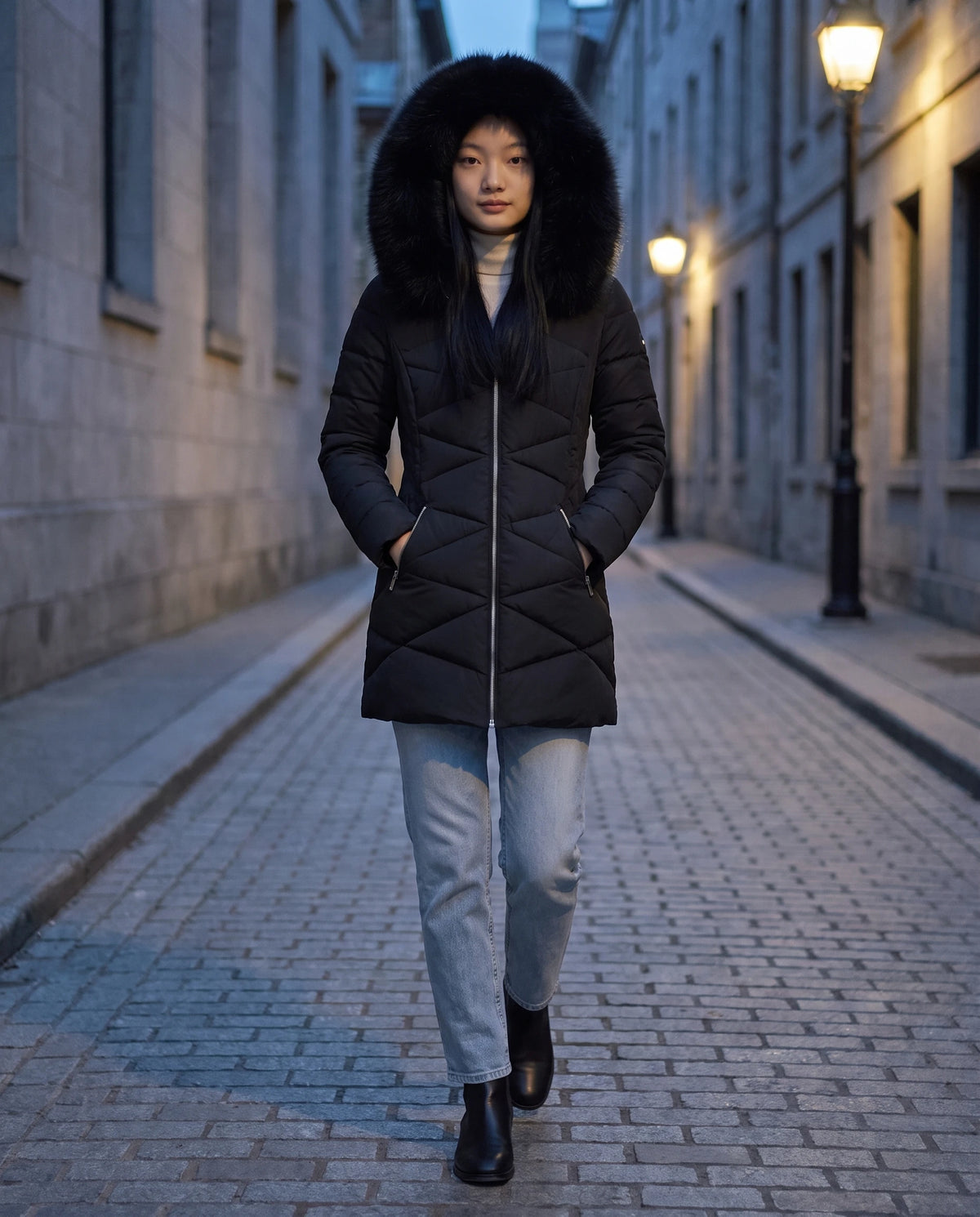 Parka mi-longue cintrée à capuche fausse fourrure Paola en Noir, portée dans une rue de ville au crépuscule, capuche relevée
