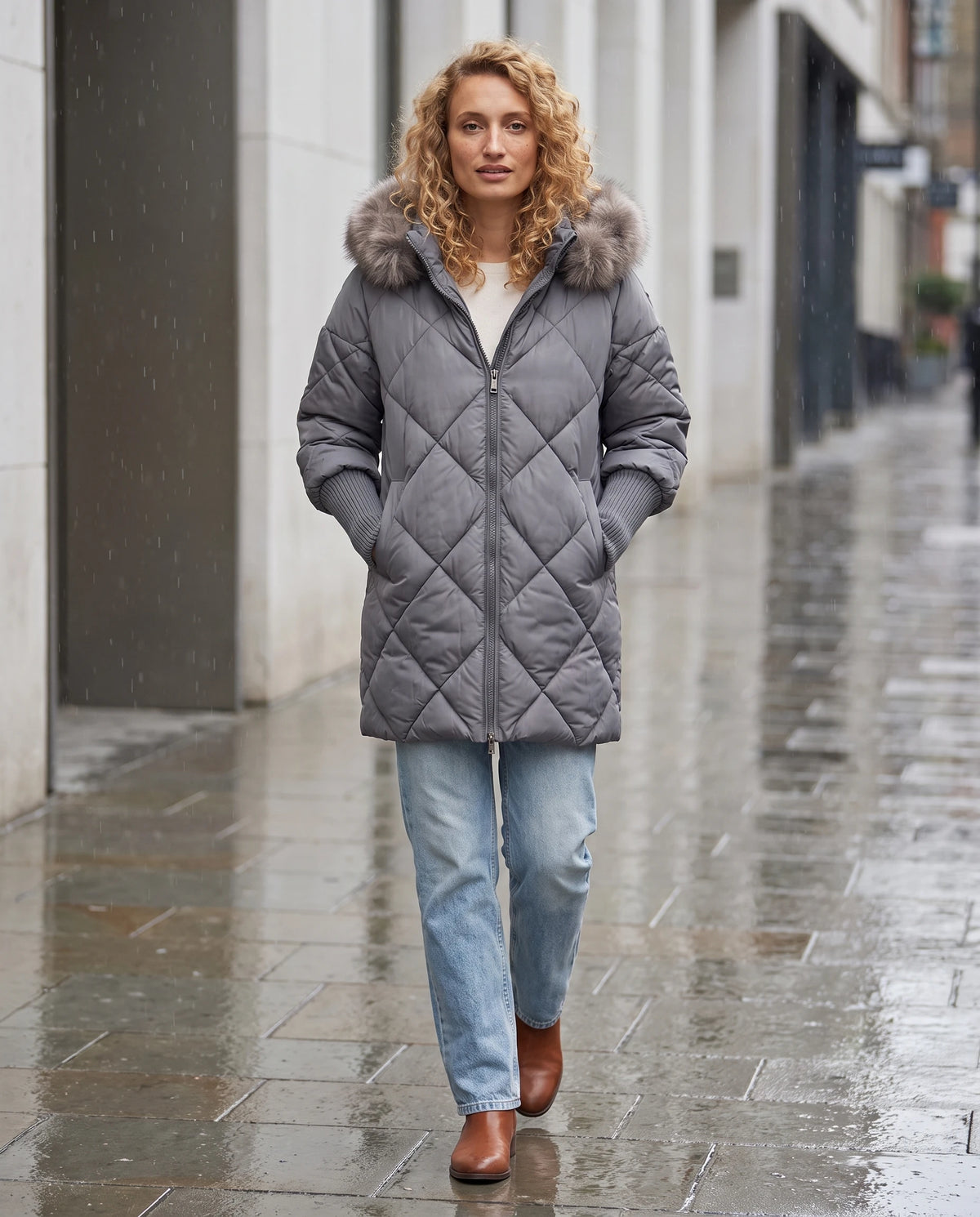Parka mi-longue matelassée à manches tricot Ava en Gris, portée dans une rue de ville sous une pluie fine