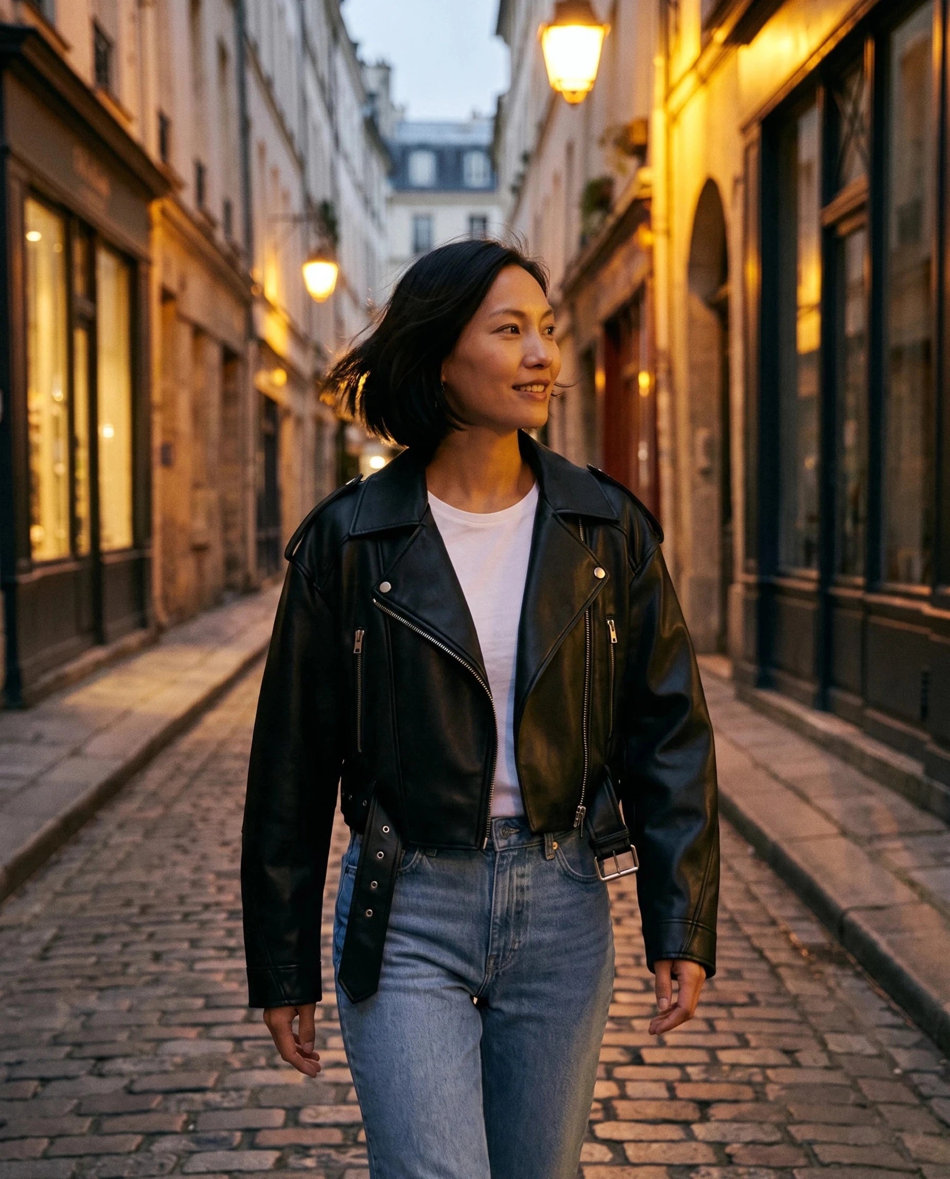 Perfecto simili noir Nadège, porté dans une ruelle pavée au crépuscule