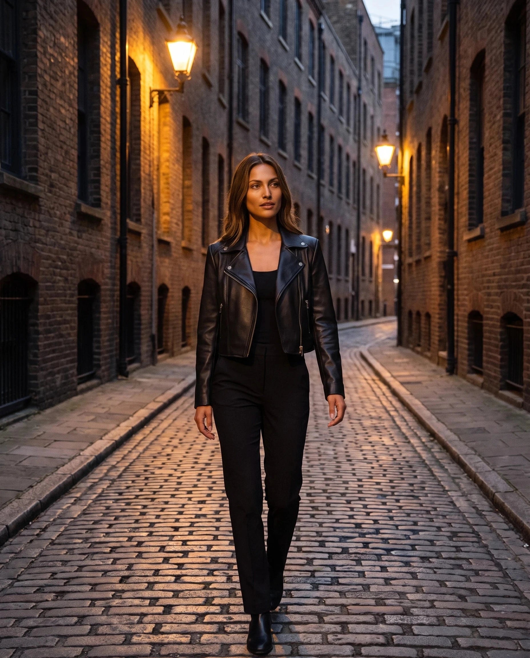 Perfecto noir Roberte, porté dans une rue de briques sombres au crépuscule
