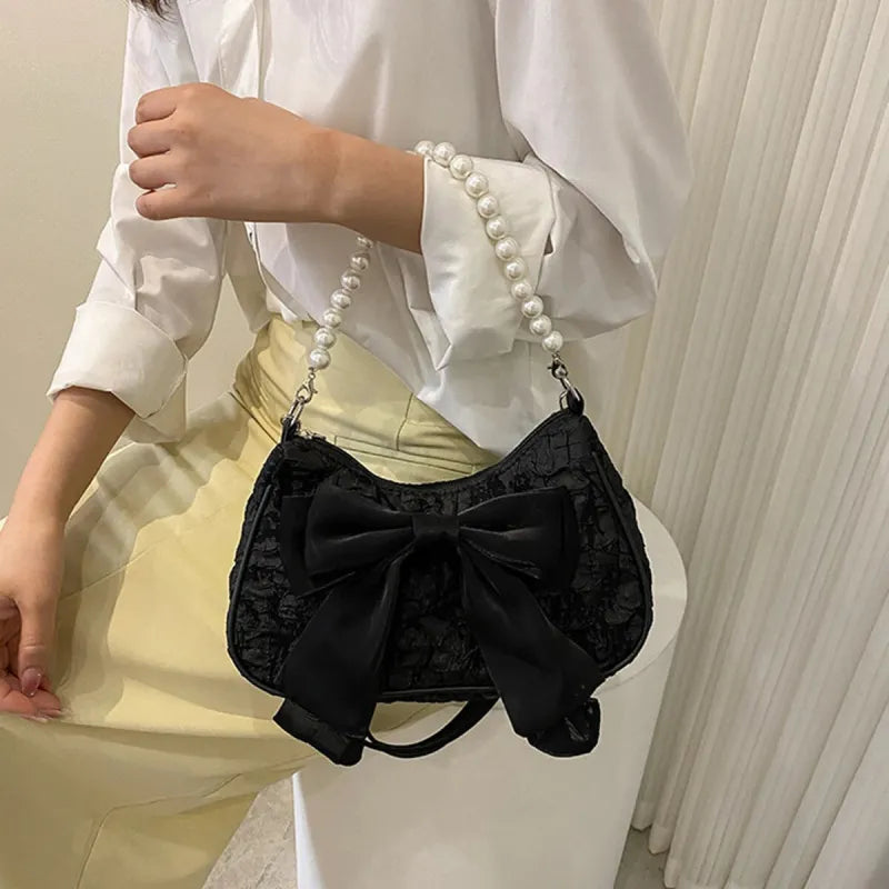Petit sac à main bandoulière hobo en coton avec anse en perle et noeud décoratif Camille