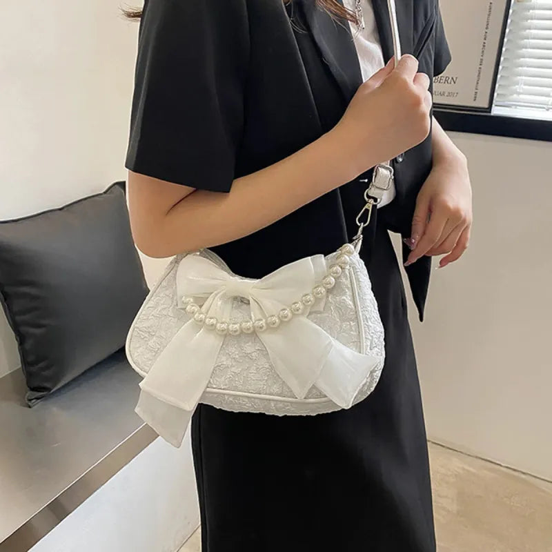 Petit sac à main bandoulière hobo en coton avec anse en perle et noeud décoratif Camille
