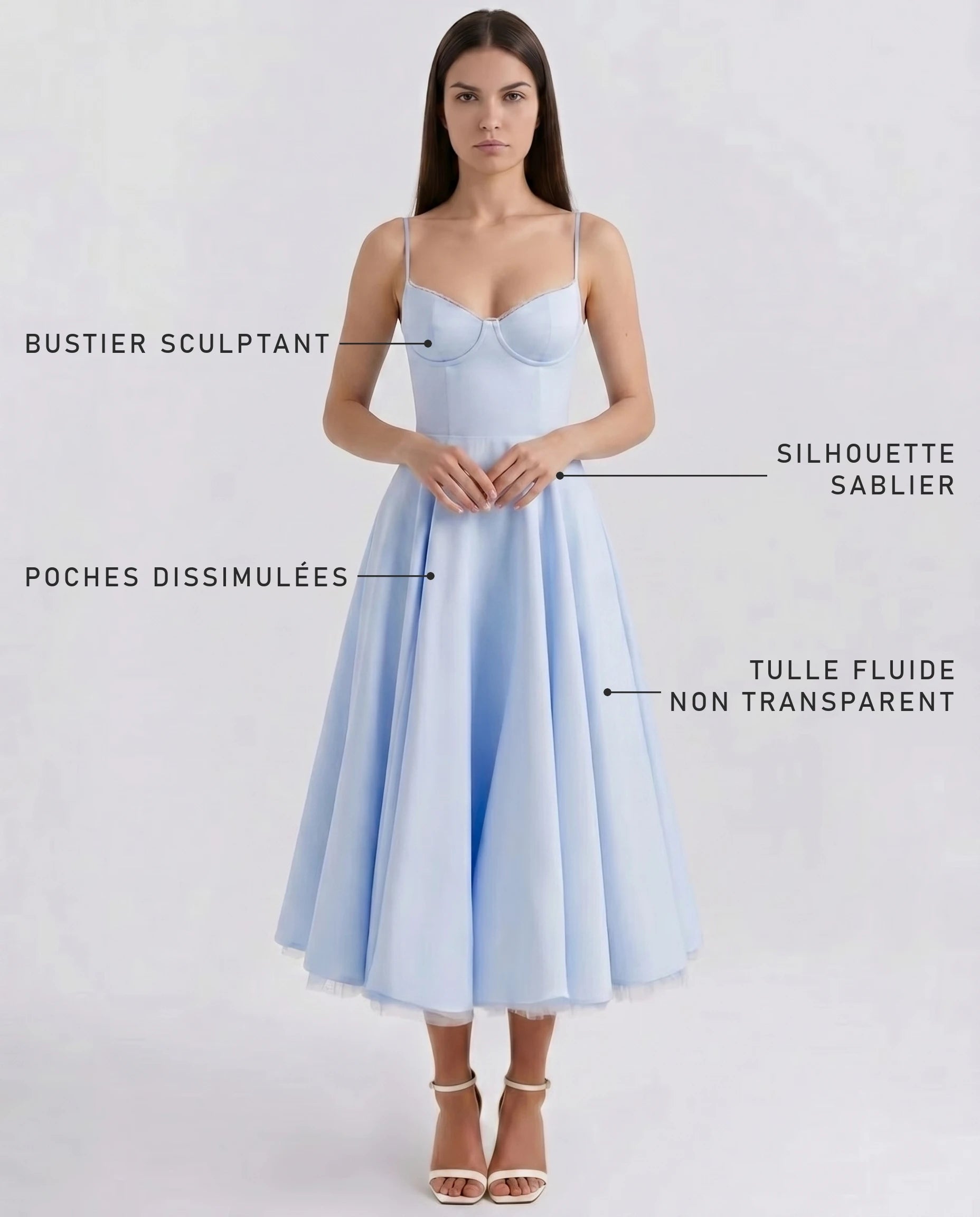Robe Corset Tulle Céleste Bleu Ciel — bénéfices : bustier sculptant, silhouette sablier, poches dissimulées, tulle non transparent