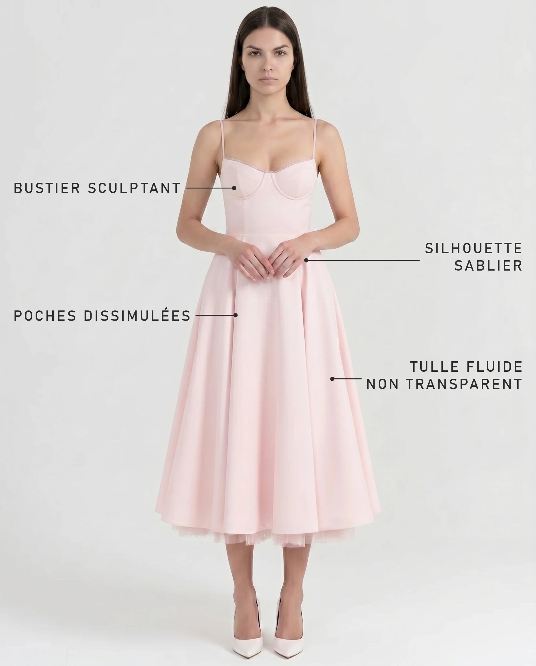Robe Corset Tulle Céleste Rose Blush — bénéfices : bustier sculptant, silhouette sablier, poches dissimulées, tulle non transparent