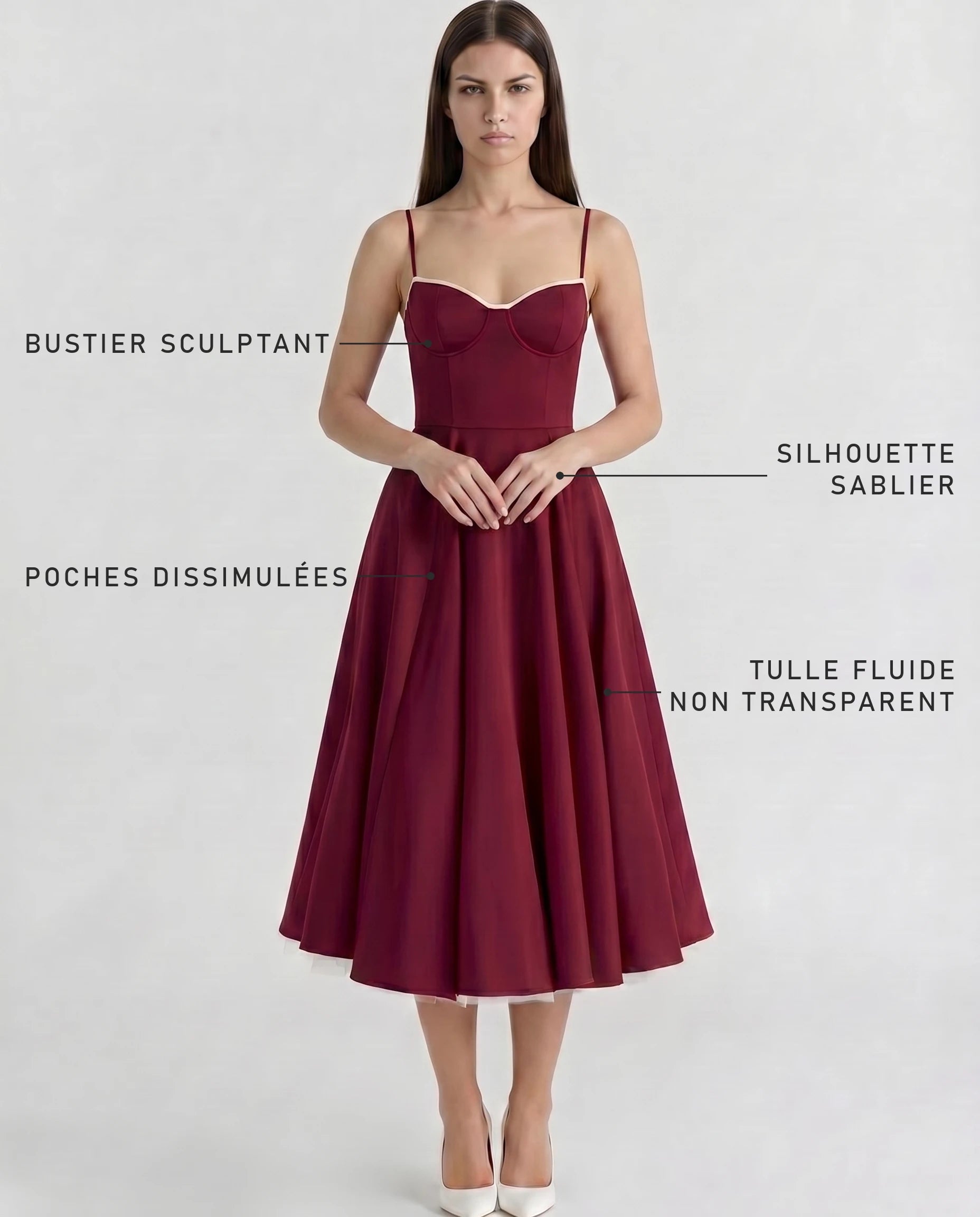 Robe Corset Tulle Céleste Bordeaux — bénéfices : bustier sculptant, silhouette sablier, poches dissimulées, tulle non transparent