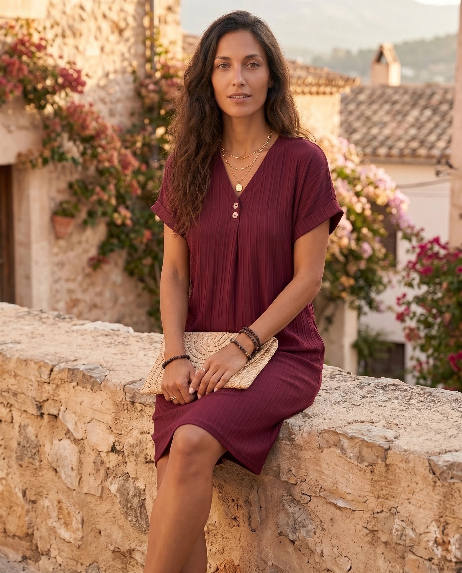 Robe mi-longue col V bordeaux Zolena, assise sur un muret