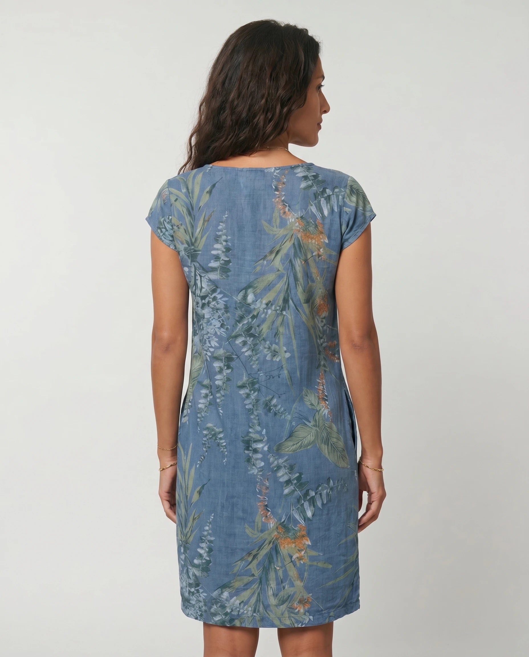 Robe courte imprimé botanique — coloris Bleu — vue de dos studio
