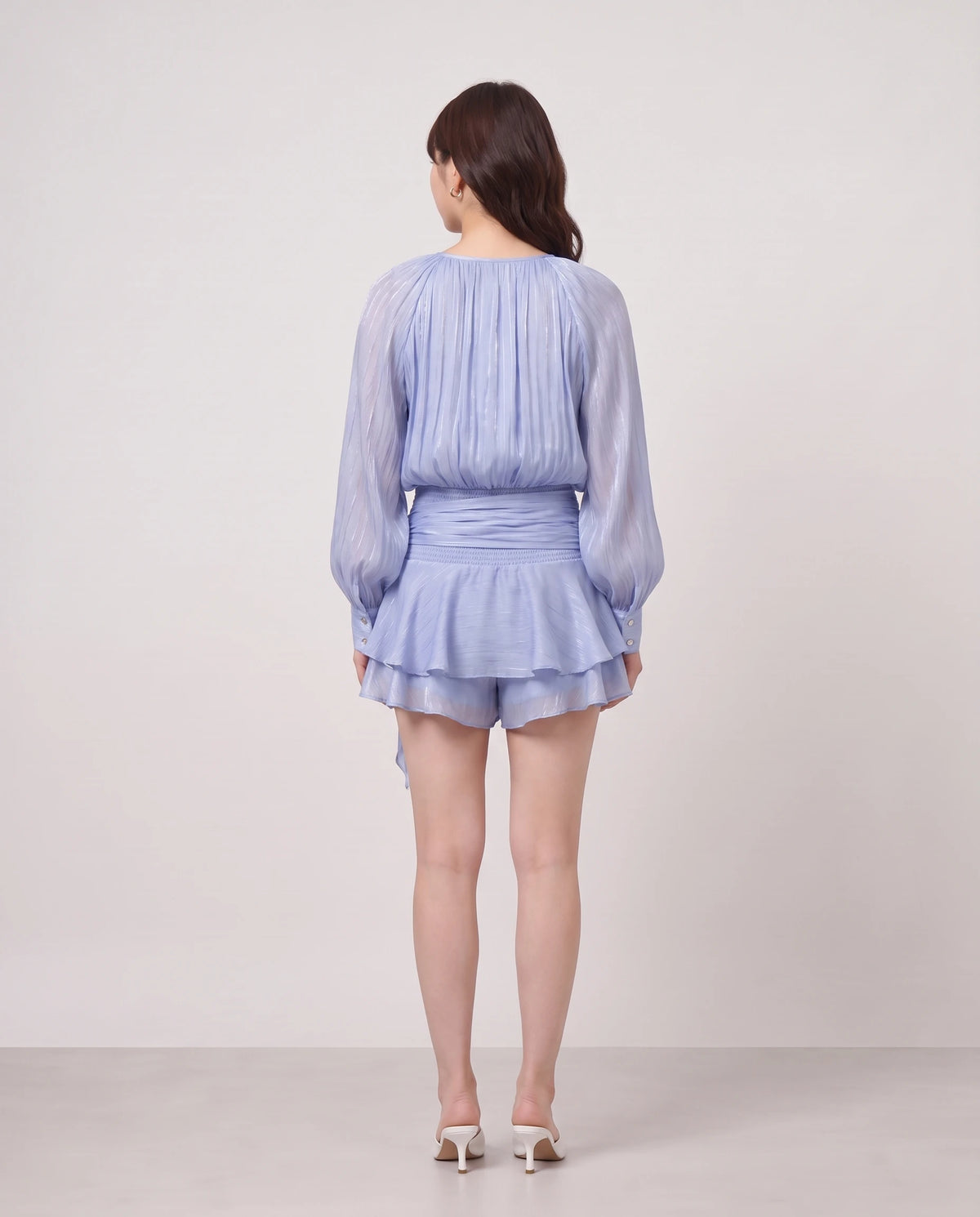 Robe courte tunique en mousseline à manches ballon Louna en Bleu Pervenche, vue de dos