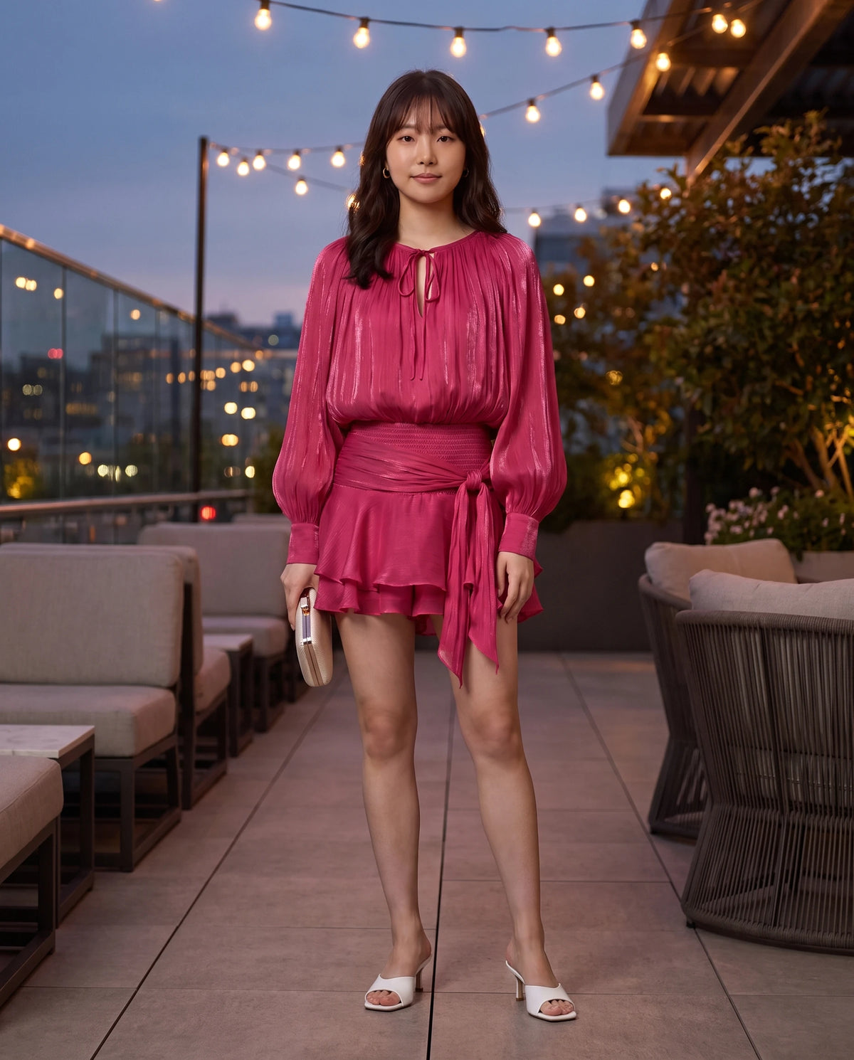 Robe courte tunique en mousseline à manches ballon Louna en Rose Framboise, portée sur une terrasse de cocktail