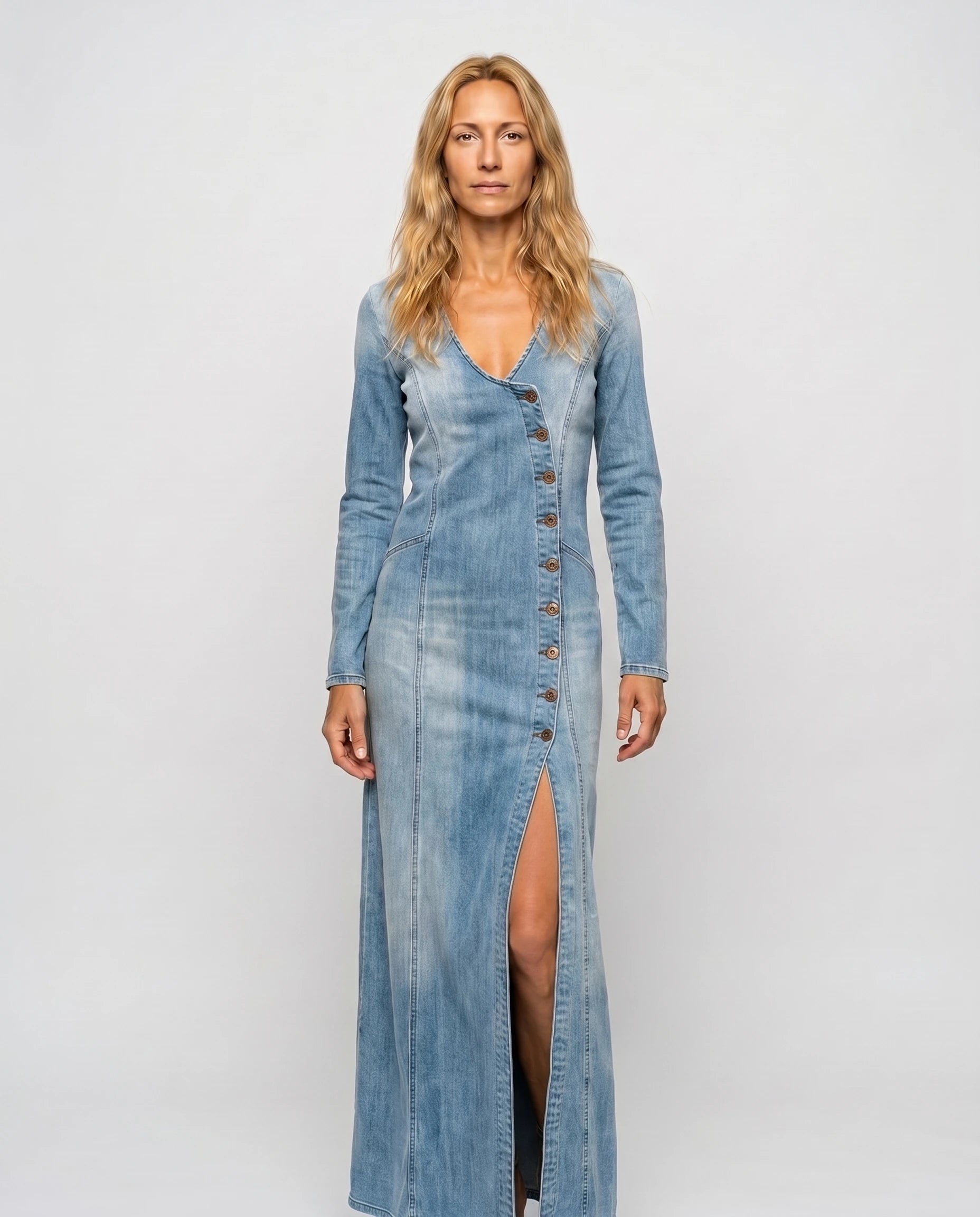 Robe longue en jean bleu denim — vue studio frontale