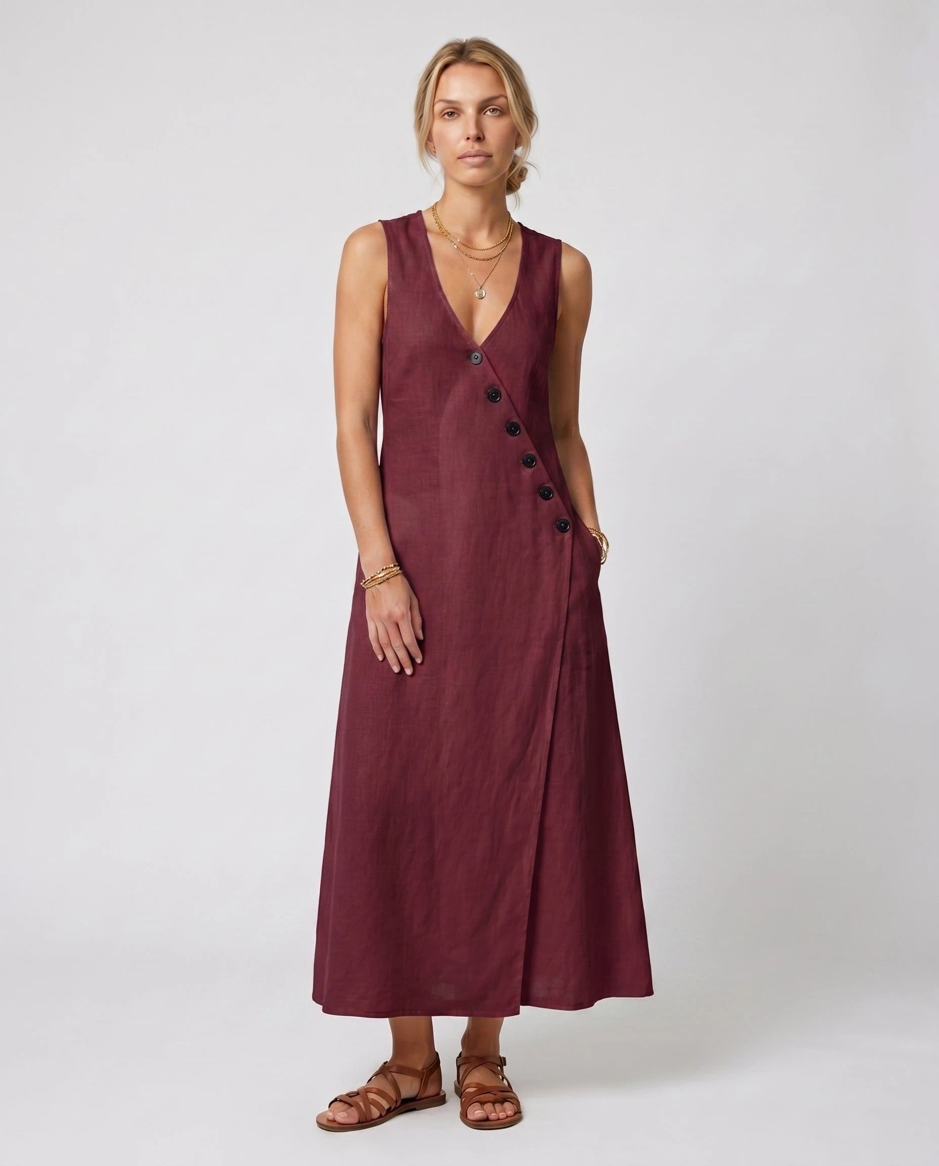 Robe longue portefeuille en lin Suzanne coloris Bordeaux