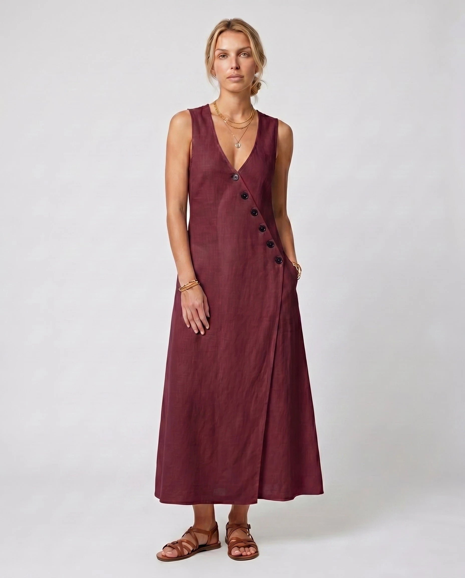 Robe longue portefeuille en lin Suzanne coloris Bordeaux