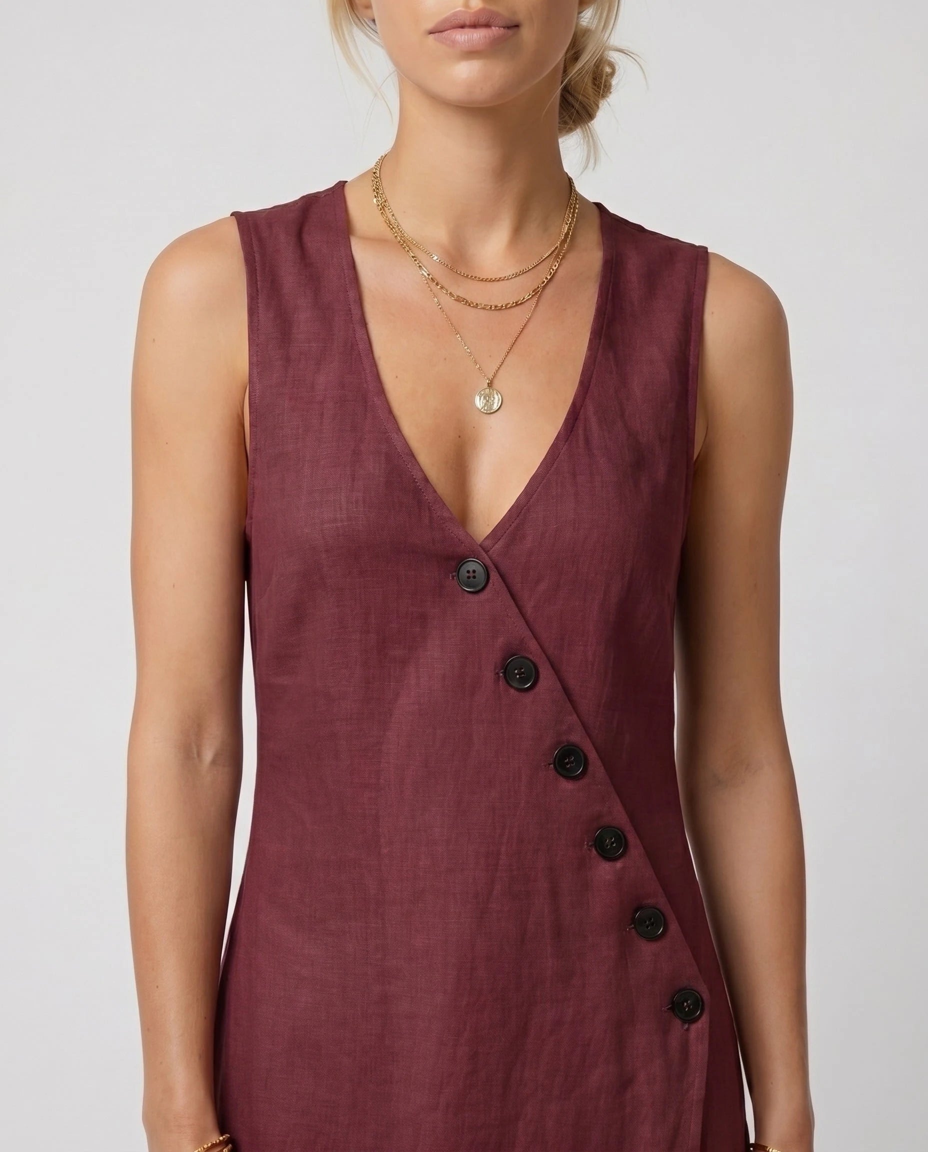 Robe longue portefeuille en lin Suzanne coloris Bordeaux
