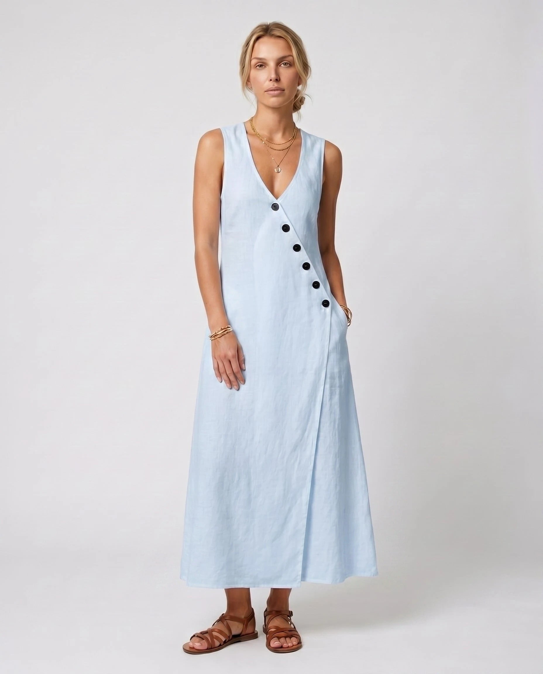 Robe longue portefeuille en lin Suzanne coloris Bleu Ciel