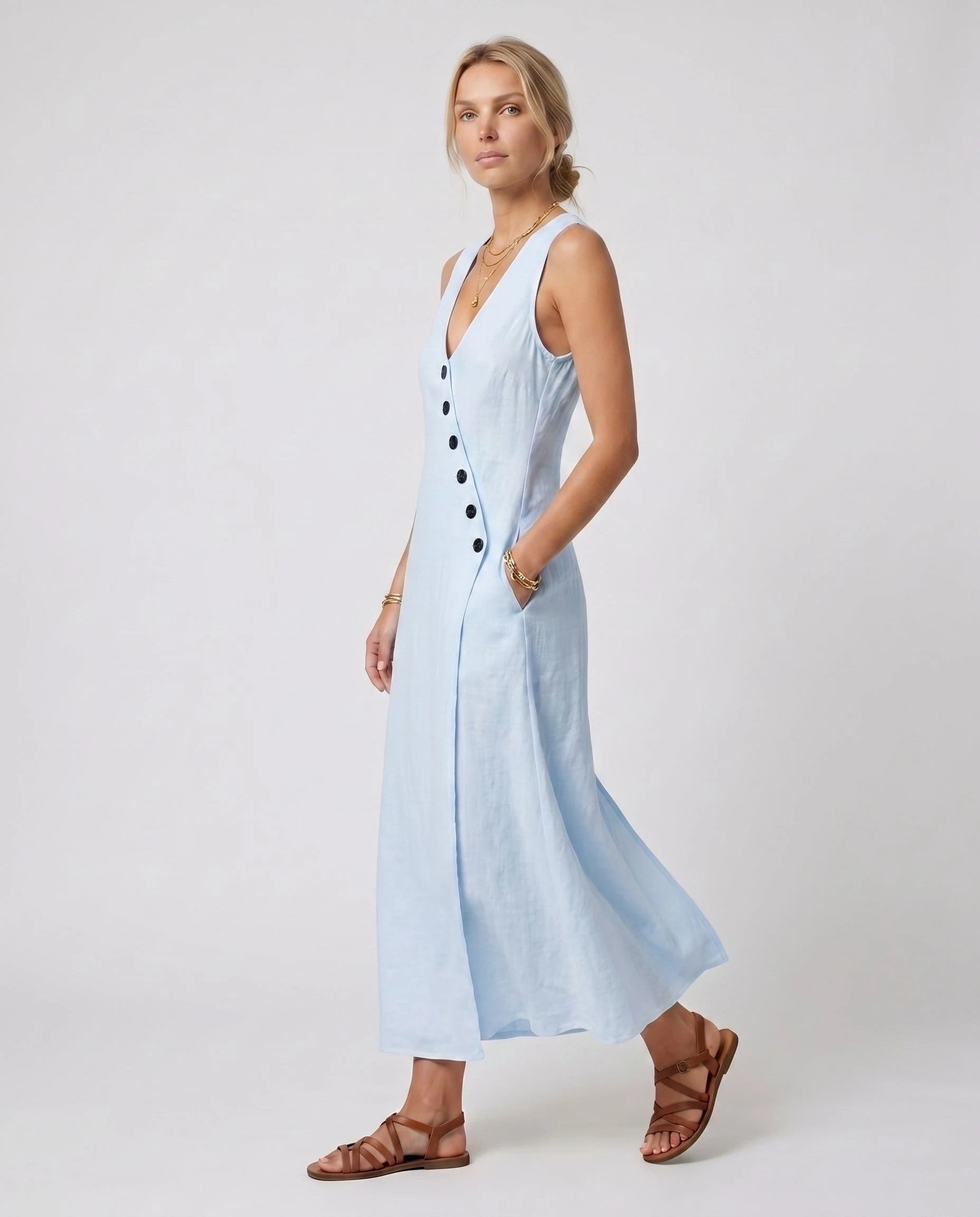 Robe longue portefeuille en lin Suzanne coloris Bleu Ciel