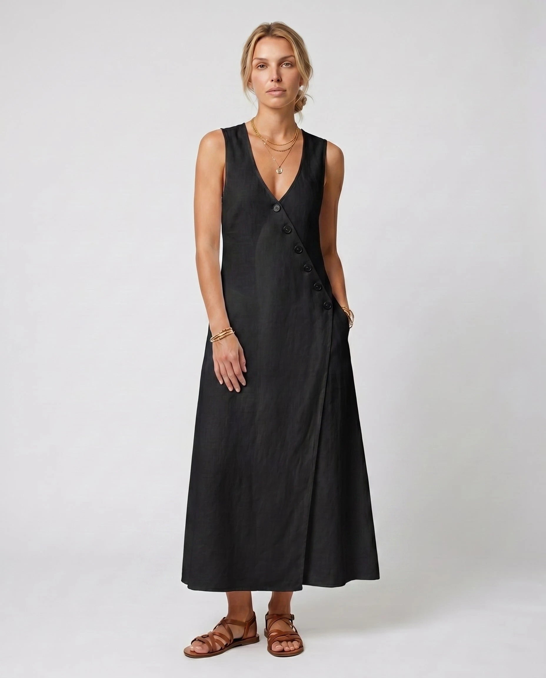 Robe longue portefeuille en lin Suzanne coloris Noir