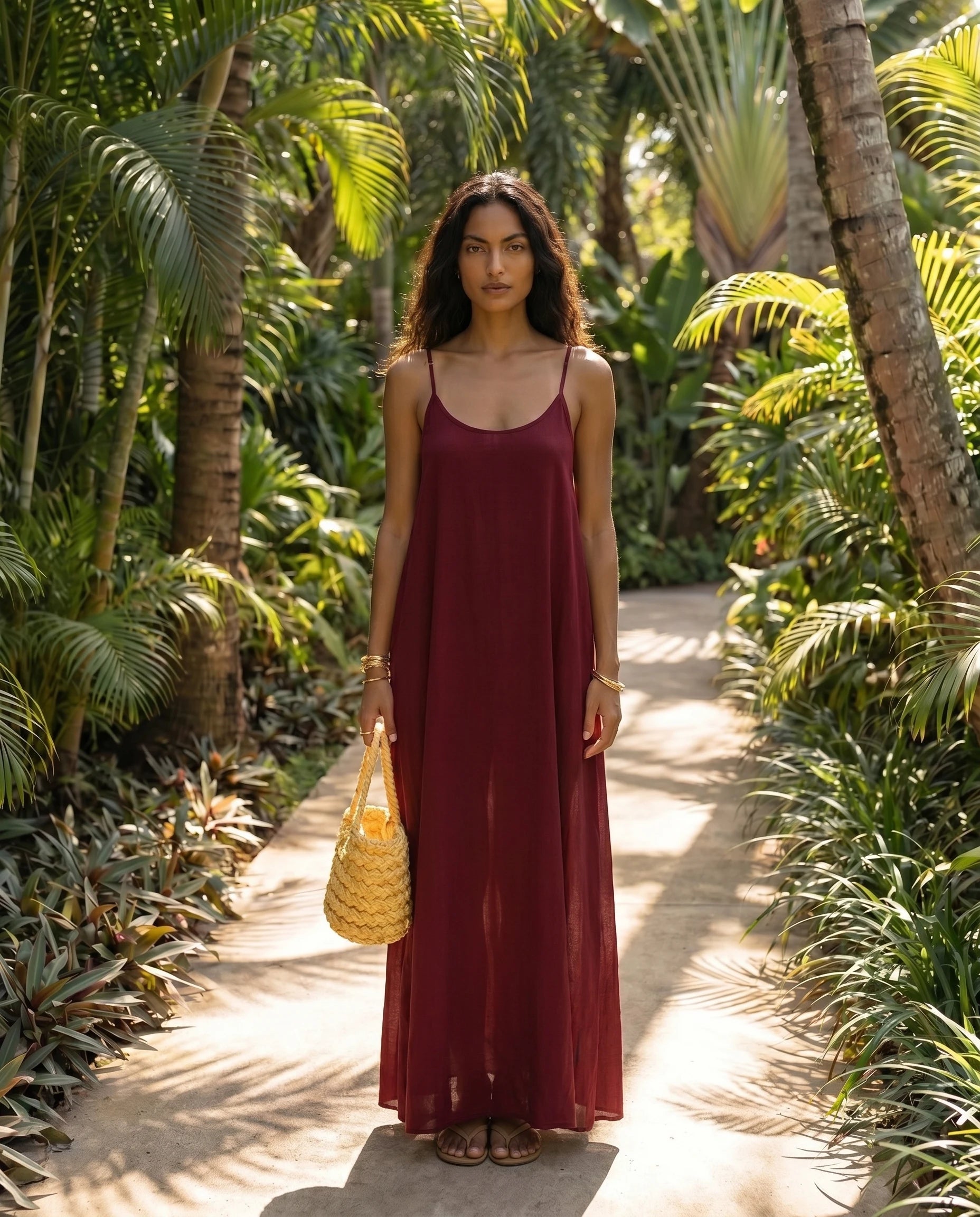 Robe longue trapèze dos nu bordeaux Zolena, plein pied face