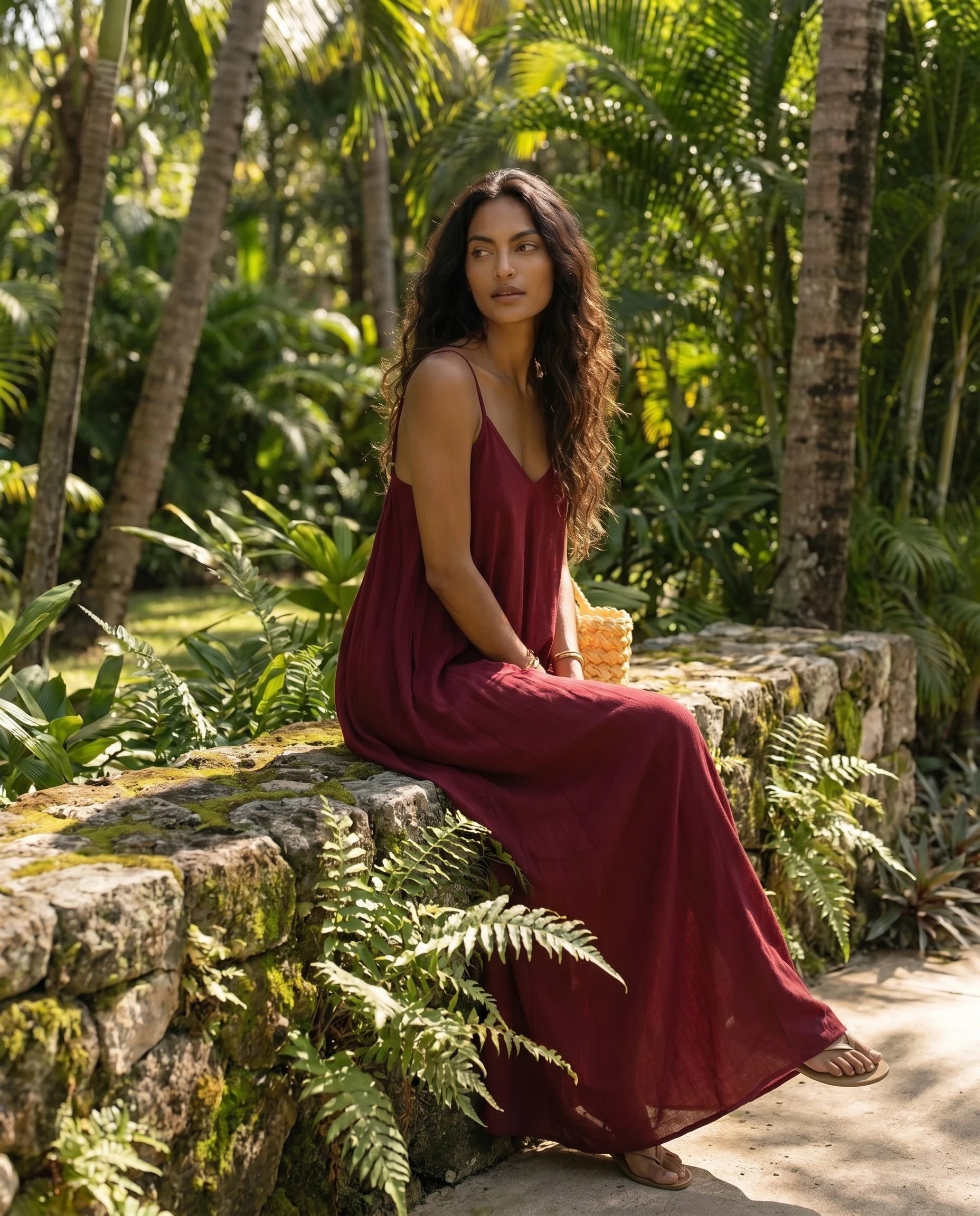 Robe longue trapèze dos nu bordeaux Zolena, lifestyle assise