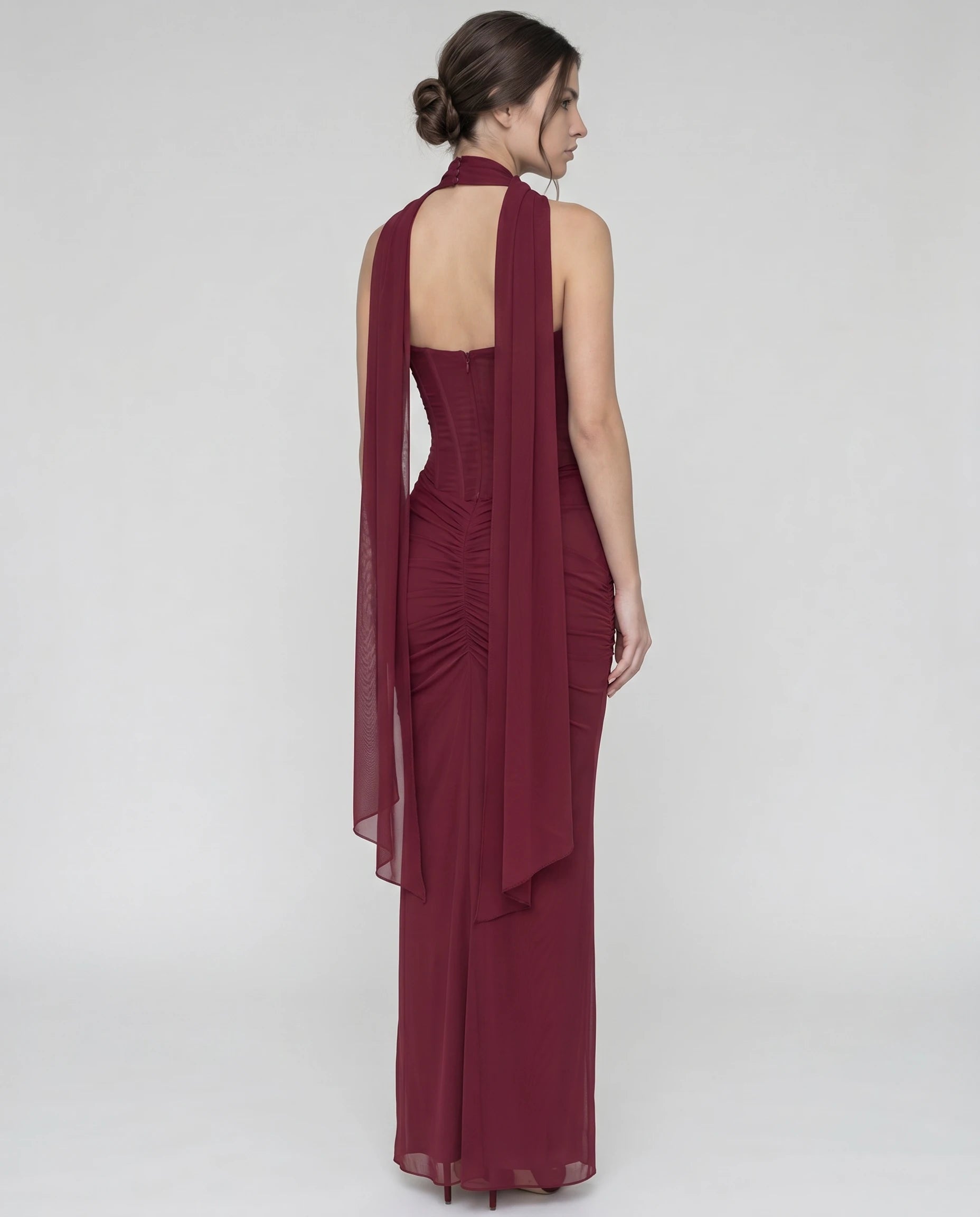 Robe longue corset en mesh bordeaux - Octavie