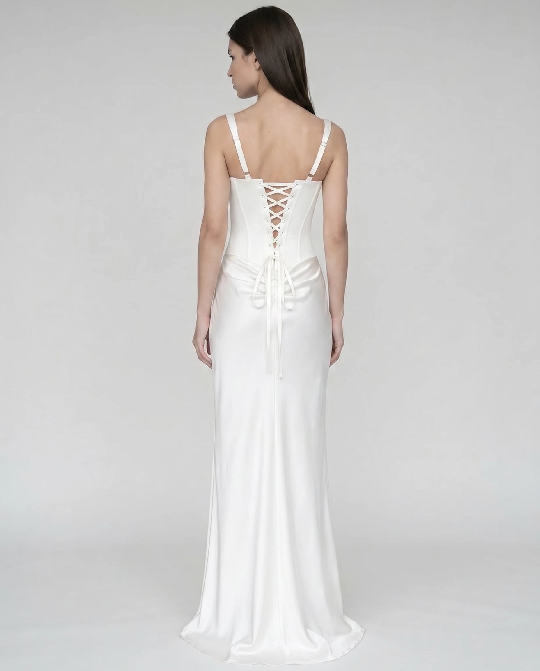 Robe longue corset blanche en satin pour mariage civil et cérémonie (dos lacé)