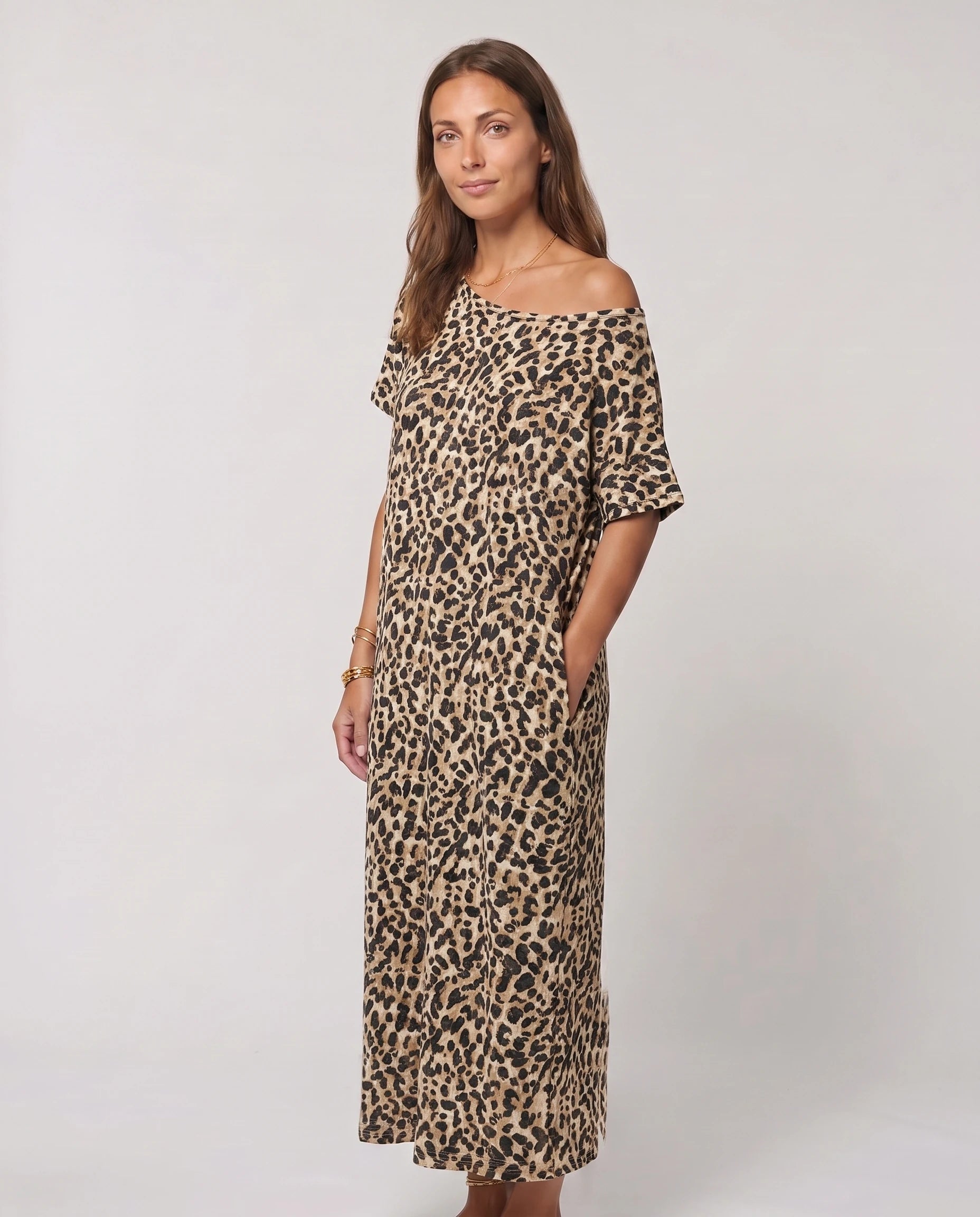 Robe longue ample en jersey - Léopard - vue 3