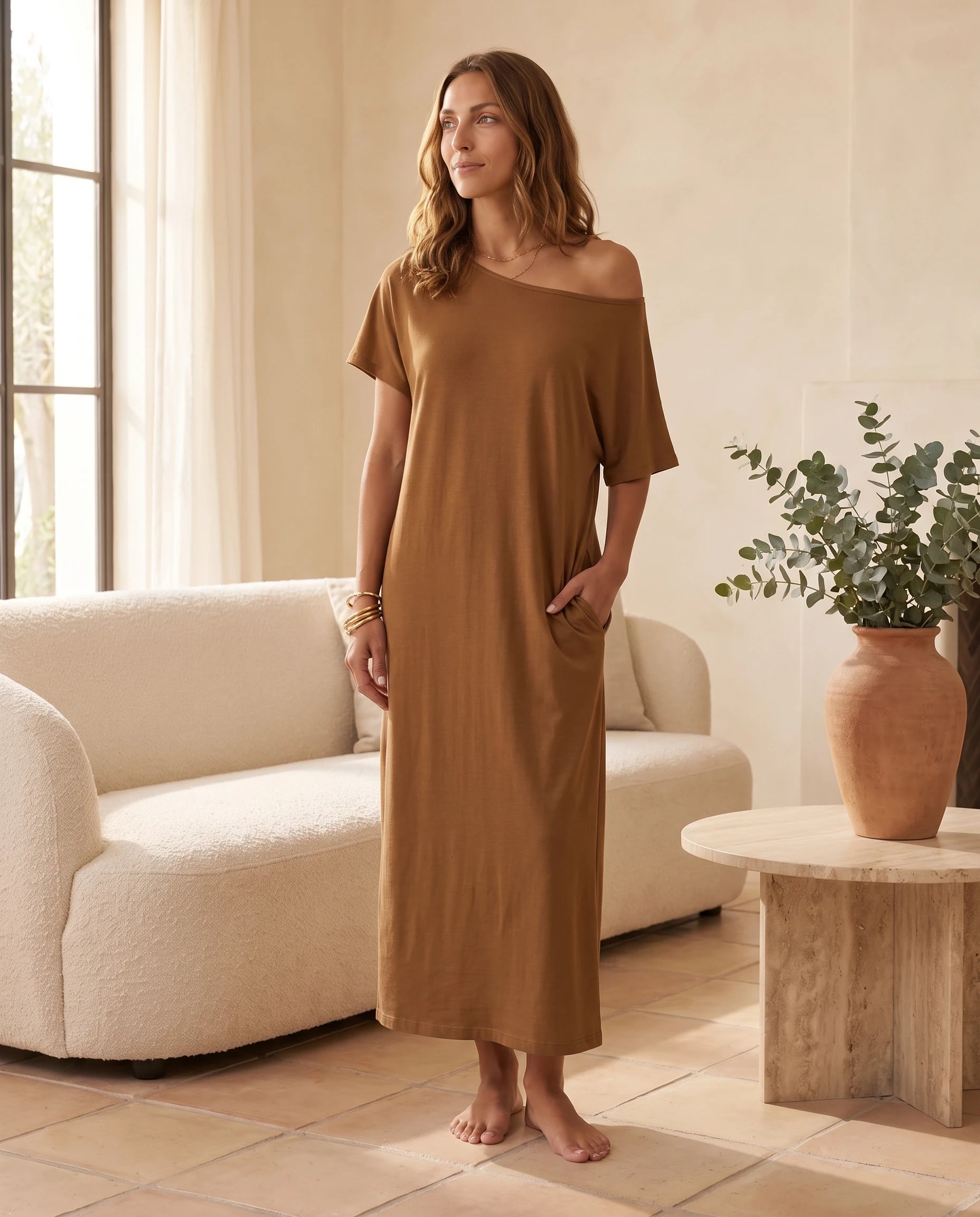 Robe longue ample en jersey - Marron Caramel - vue 4