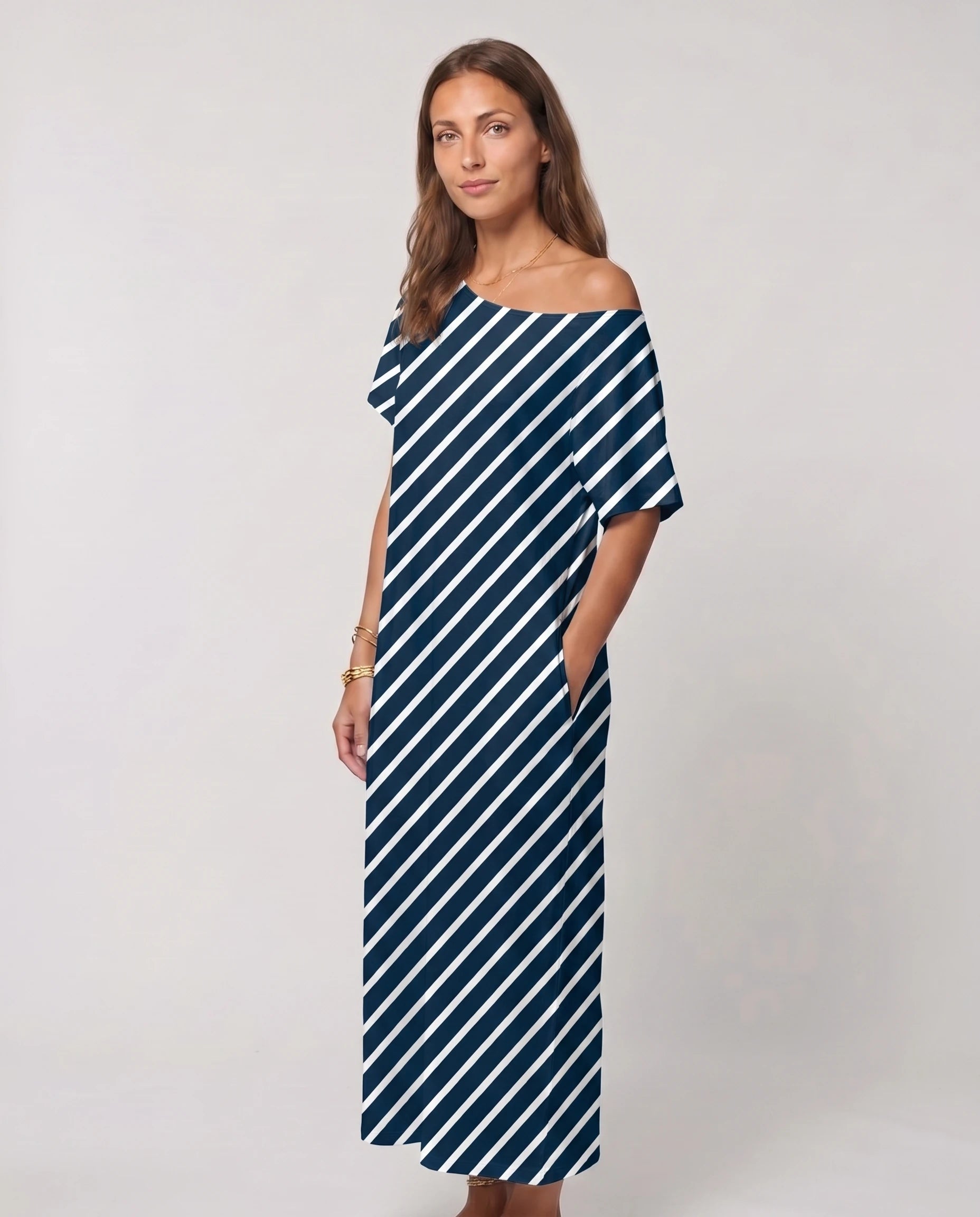 Robe longue ample en jersey - Rayé Marine - vue 3