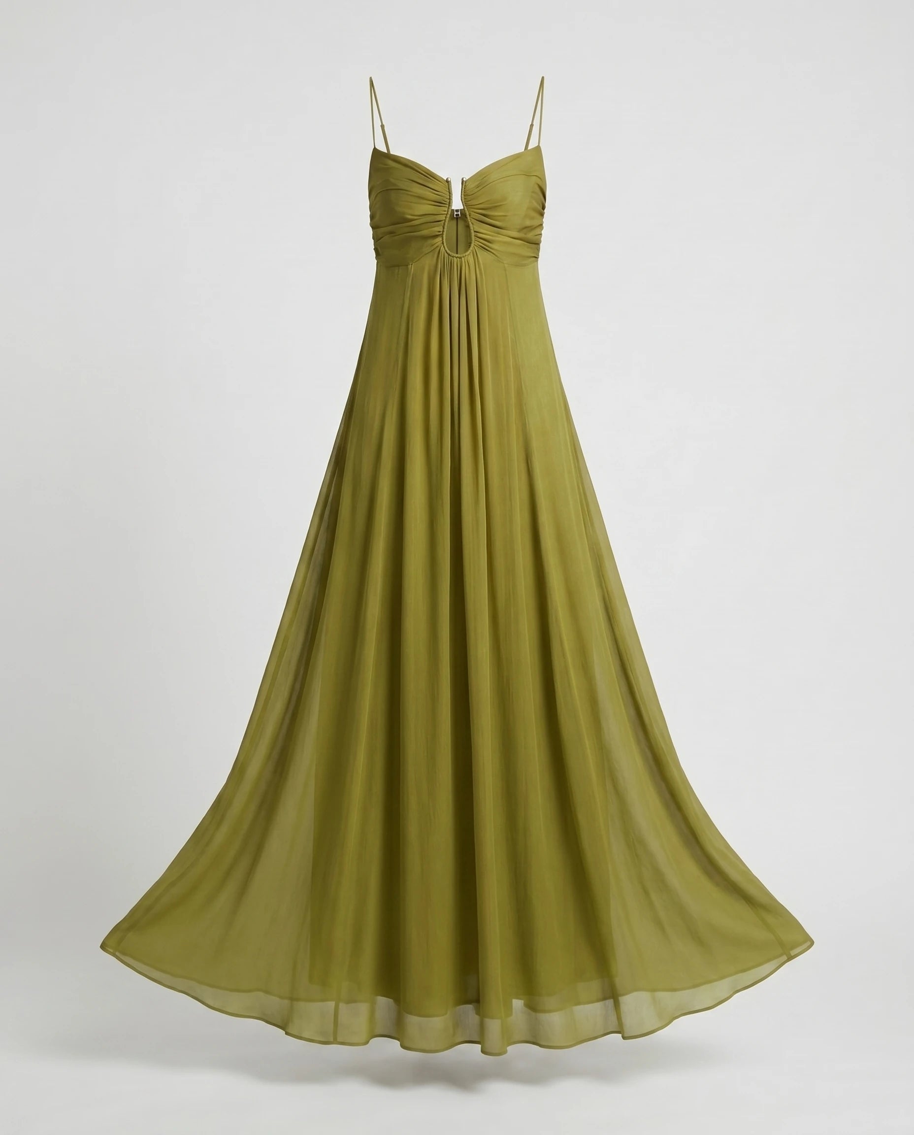 Robe longue vert olive en chiffon, vue produit ghost mannequin — Daphné