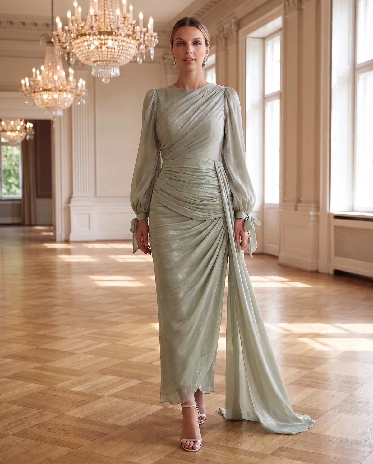 Robe longue plissée drapée à manches lanterne Élia en Vert Sauge, portée dans une salle de bal