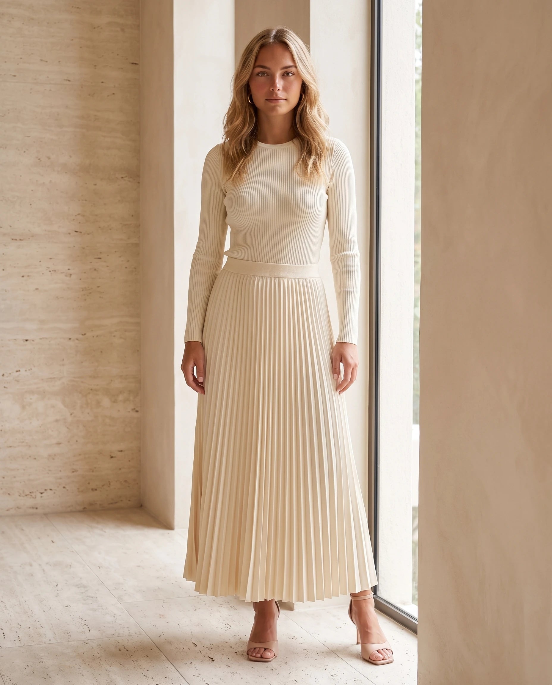 Robe longue plissée écru portée en intérieur