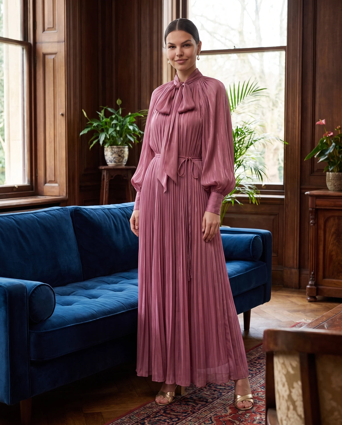 Robe longue plissée à col lavallière et manches chauve-souris Antonia en Mauve, portée dans un salon aux boiseries
