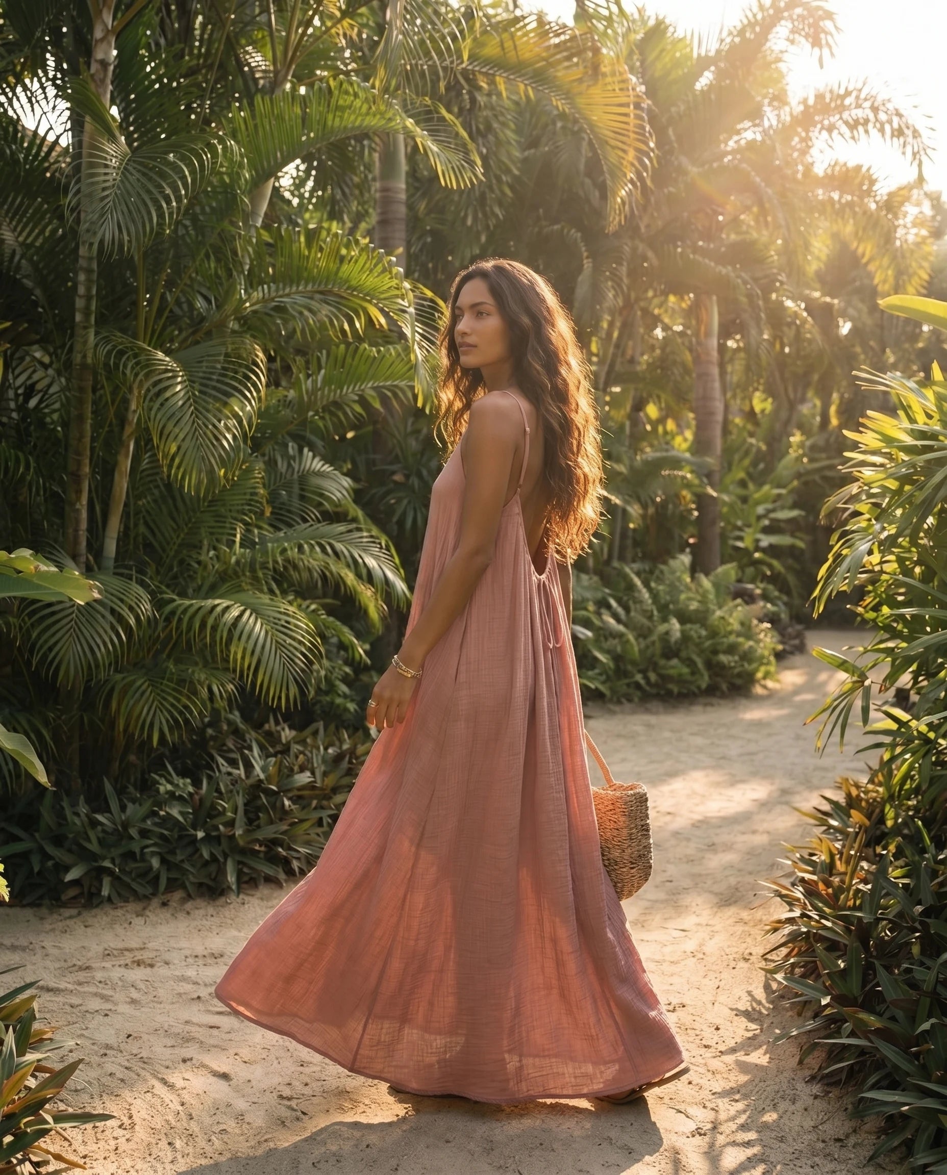 Robe longue trapèze dos nu rose Zolena, lifestyle en marche