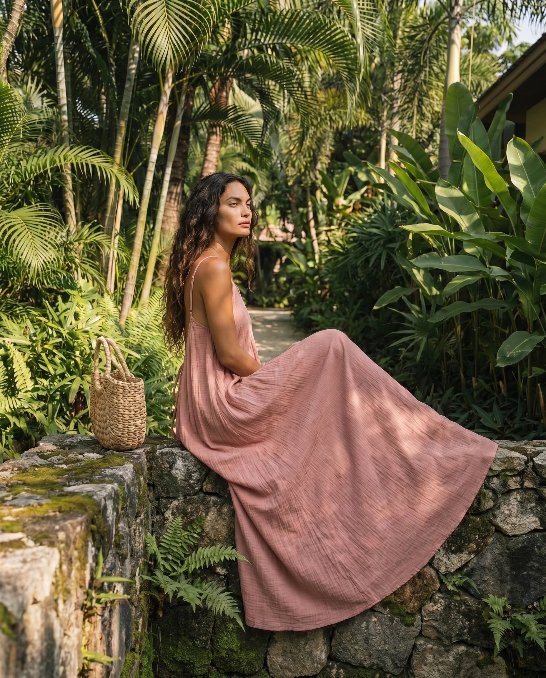 Robe longue trapèze dos nu rose Zolena, lifestyle assise
