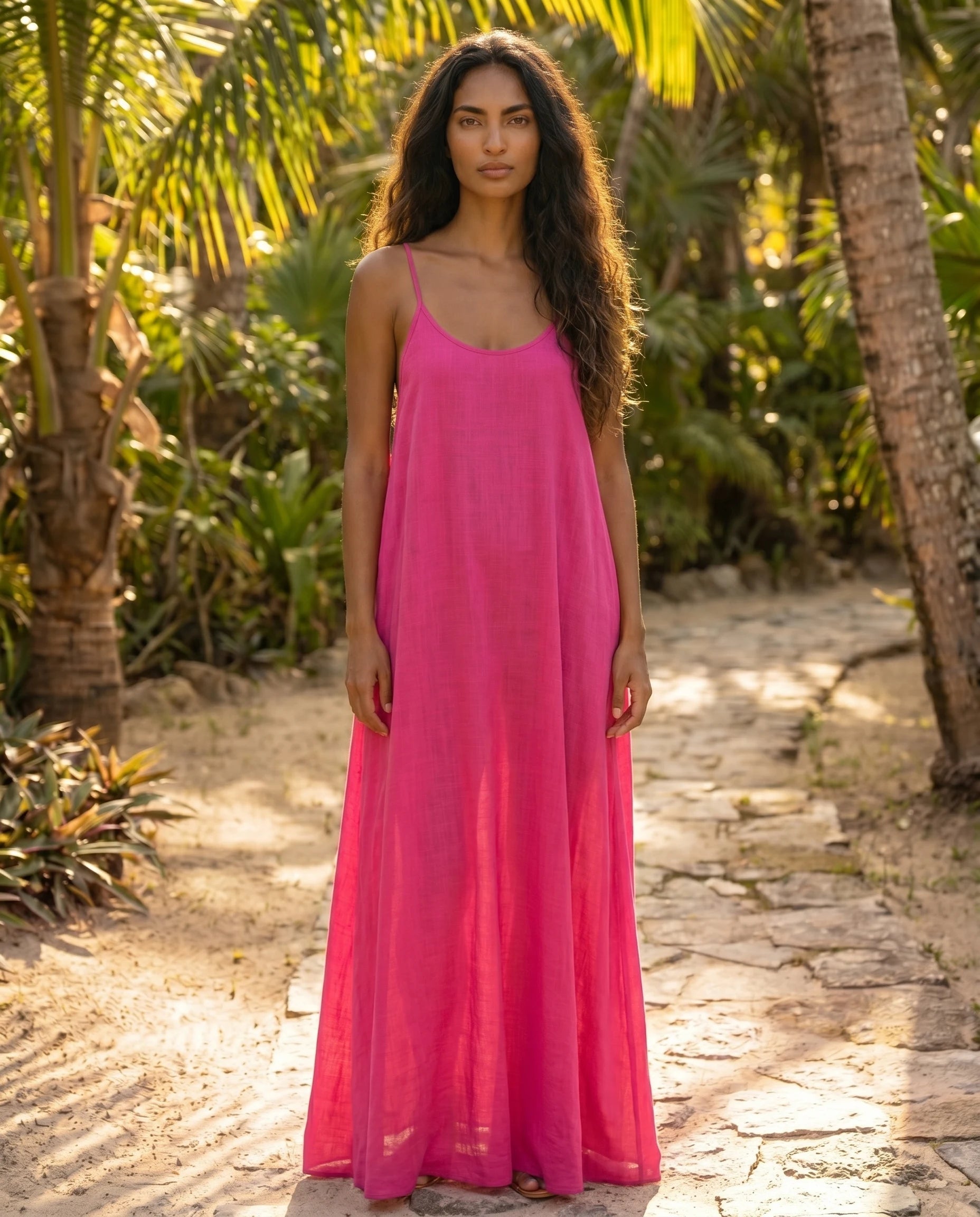 Robe longue trapèze dos nu fuchsia Zolena, plein pied face