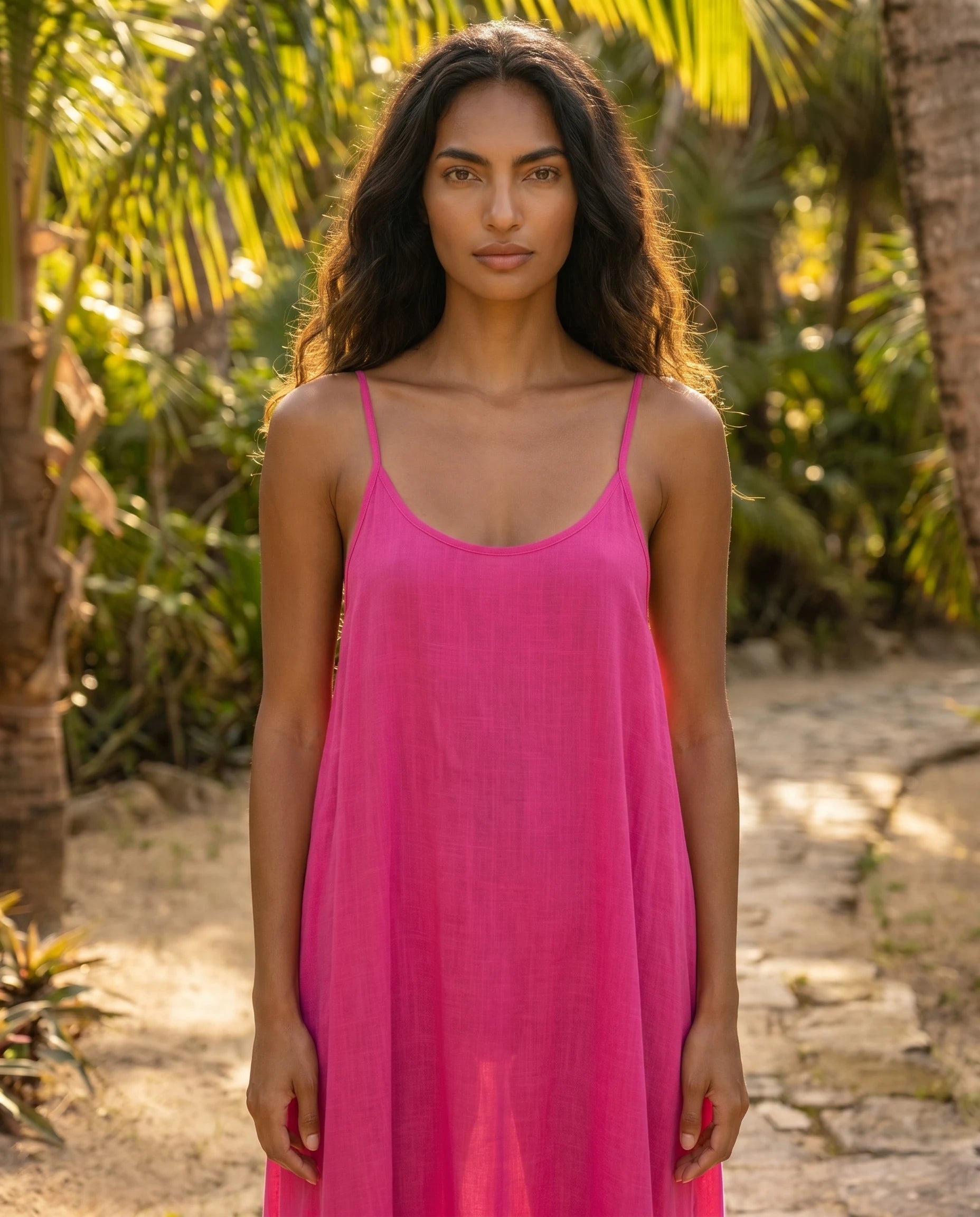Robe longue trapèze dos nu fuchsia Zolena, buste de face, decollete