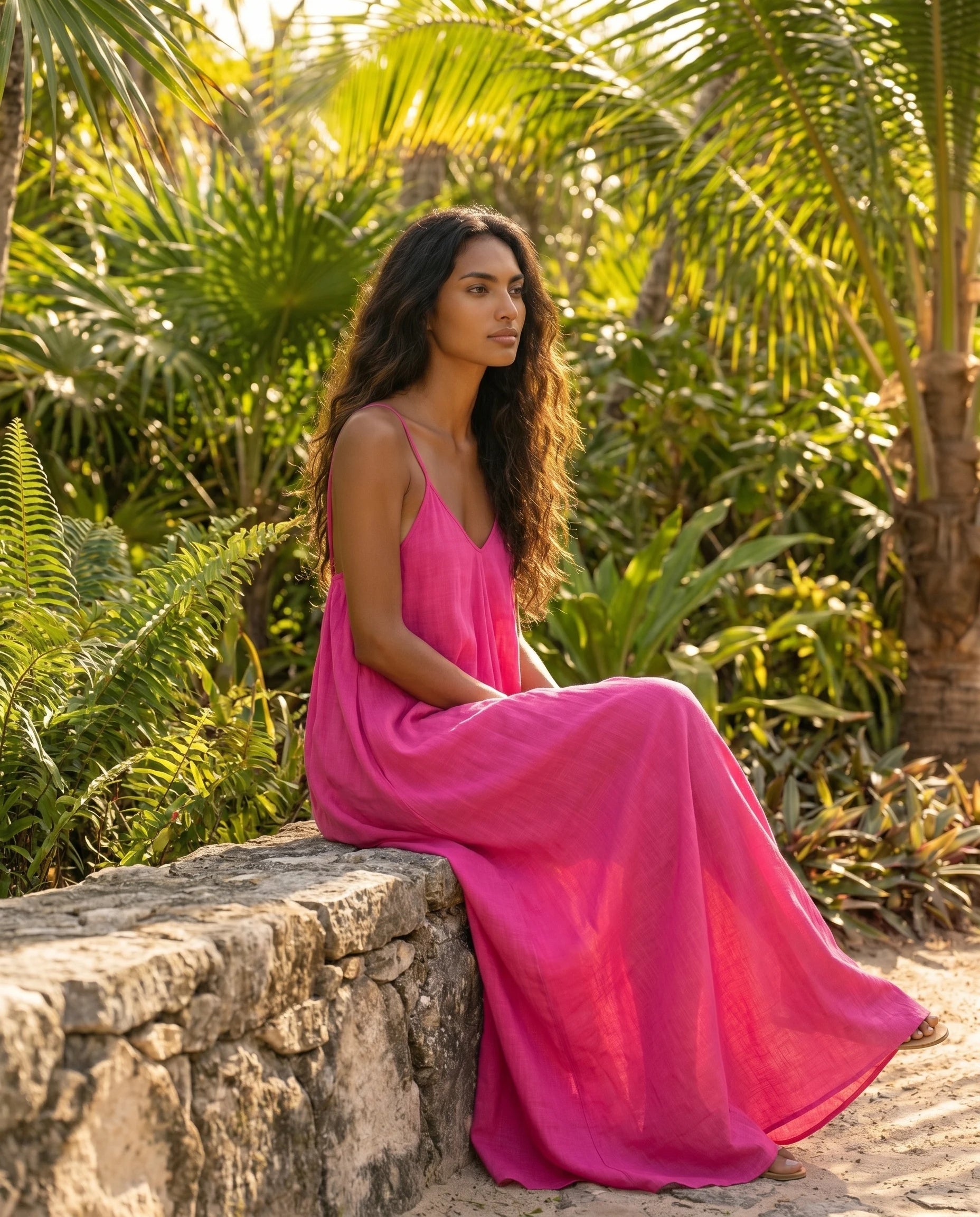 Robe longue trapèze dos nu fuchsia Zolena, lifestyle assise