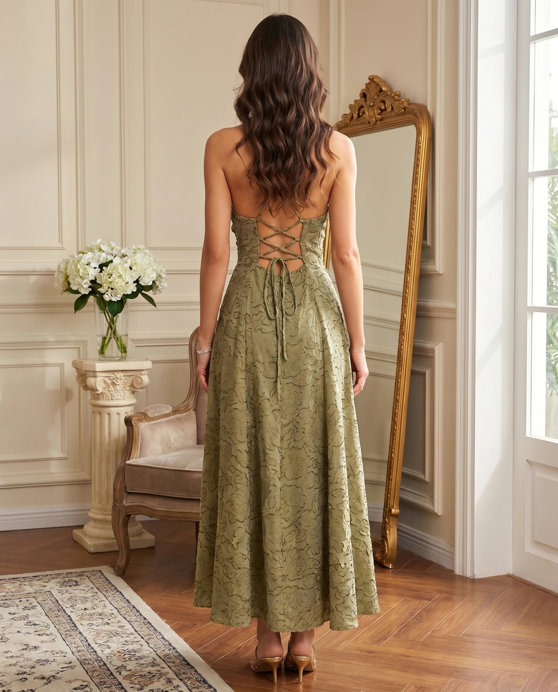 Robe longue jacquard Victoire vert sauge, dos lace en croisillons