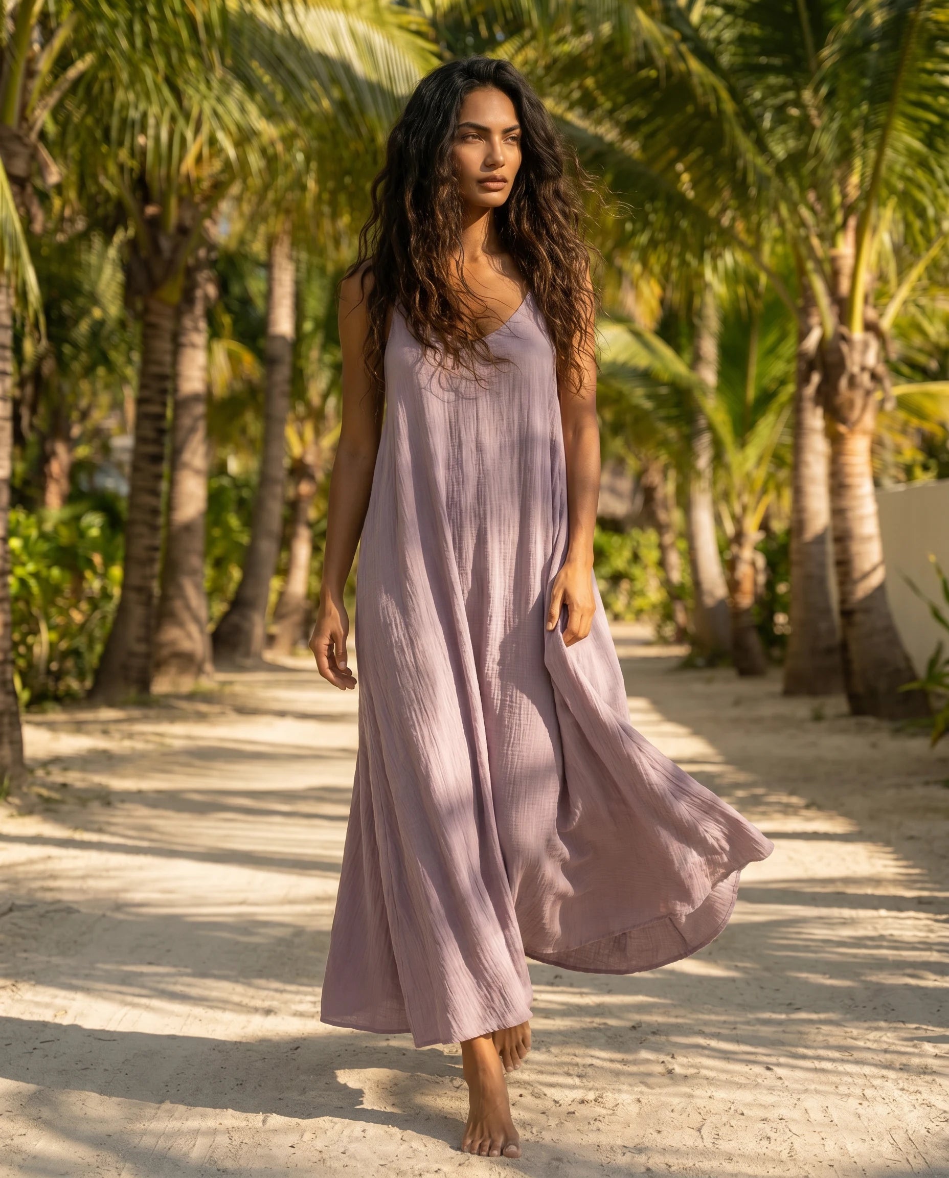 Robe longue trapèze dos nu mauve Zolena, lifestyle en marche