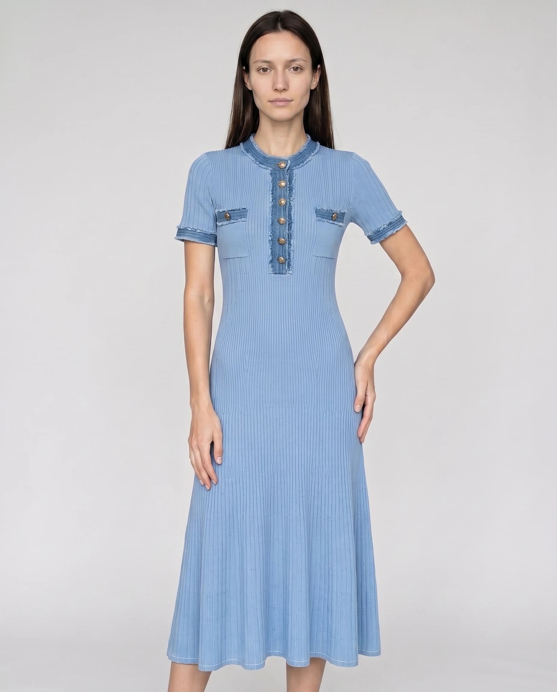 Robe midi en maille cotelee Odette - Bleu Ciel - vue de face